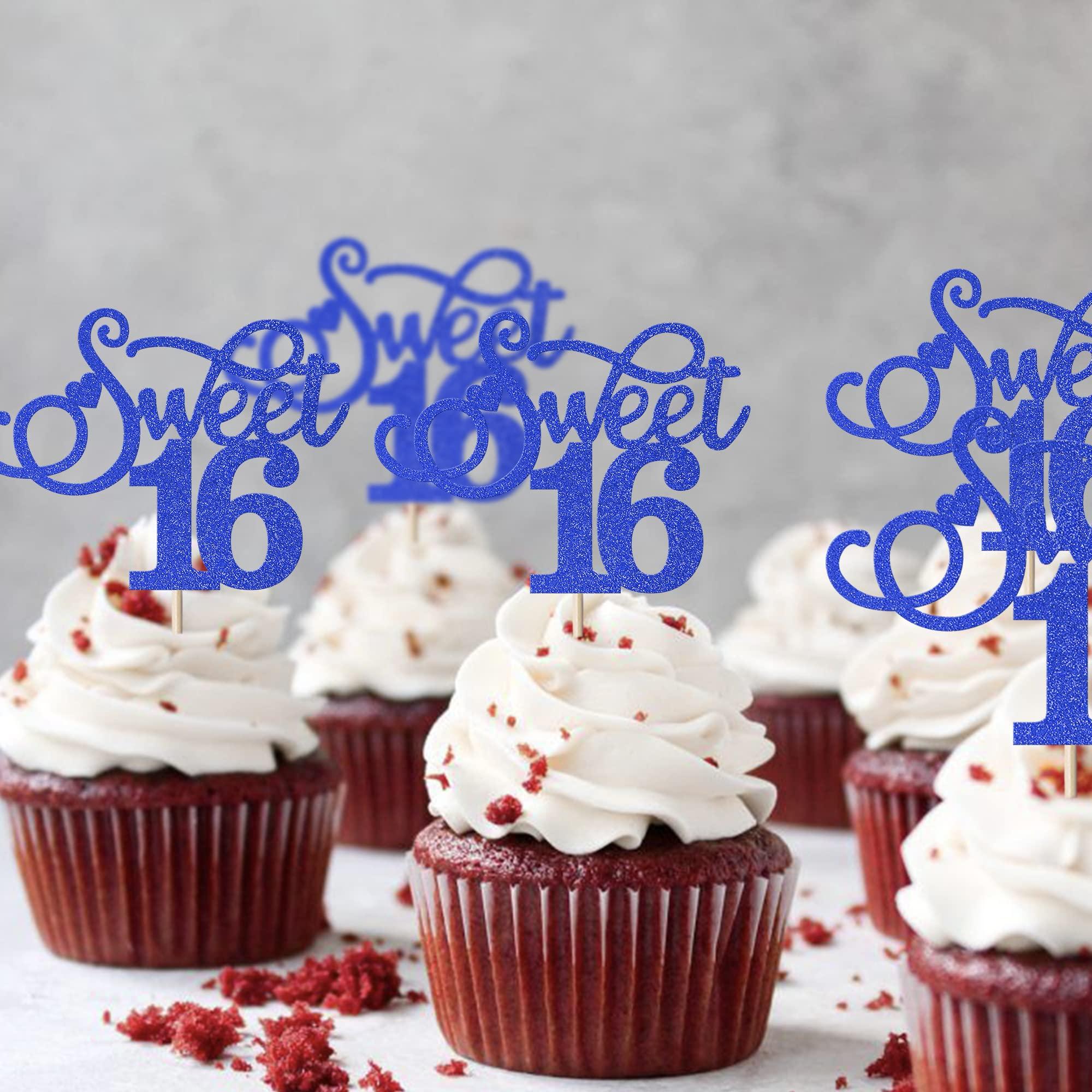 Rsstarxi Rsstarxi 30 Pack Sweet 16 Cupcake Toppers Glitter Love Heart Cheers to 16 Cupcake Picks for 16th Birthday Wedding Anniversary Party Cake Decorations Supplies Deep Blue