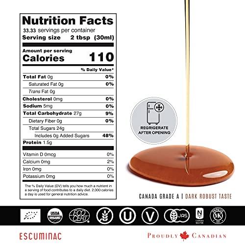 Escuminac Escuminac Very Dark Canadian Maple Syrup Family Size 1L (33.8 fl oz) Canada Grade A - Strong Taste For Cooking – Pure, Organic, Single Origin, Unblended.