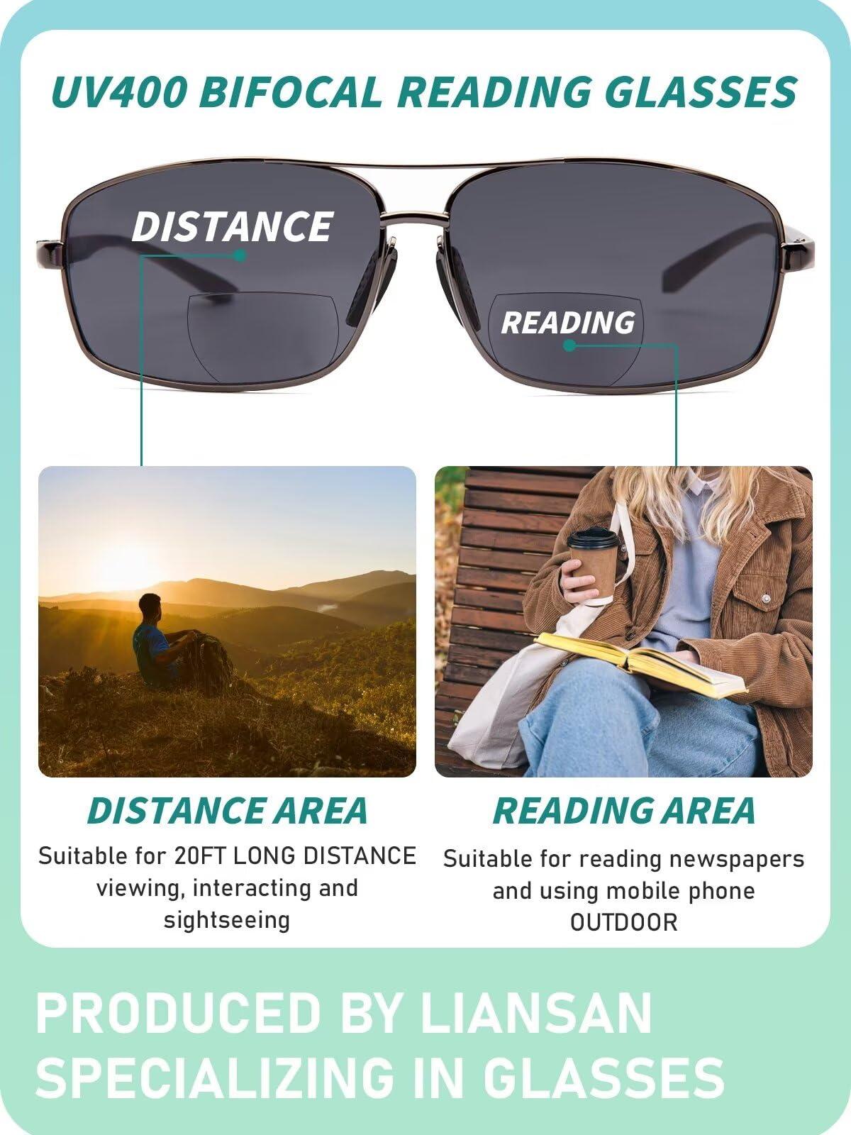 LianSan LianSan 2 Packs Premium Metal Bifocal Sunglasses for Men Women Retro Top Clear Sun Readers with UV Protection(Multicolor,2.25x)