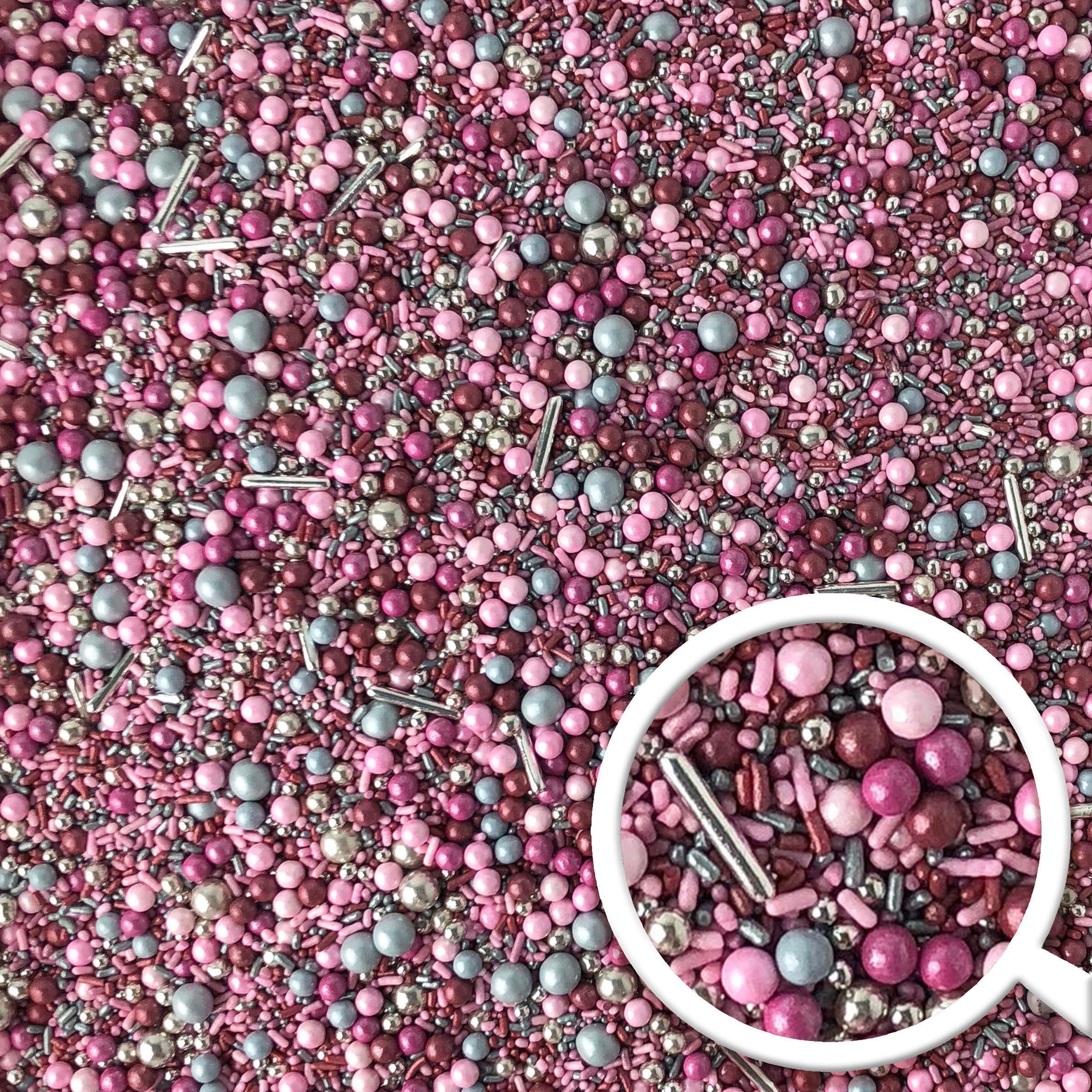 SPRINKLE POP Romance Sprinkle Mix| Made In USA By Sprinkle Pop| Light Pink Mauve Burgundy Sprinkles with Silver Metallic Dragees| Sprinkles For Decorating Bridal Shower Wedding Cupcakes Donuts Cakes Cookies, 2oz
