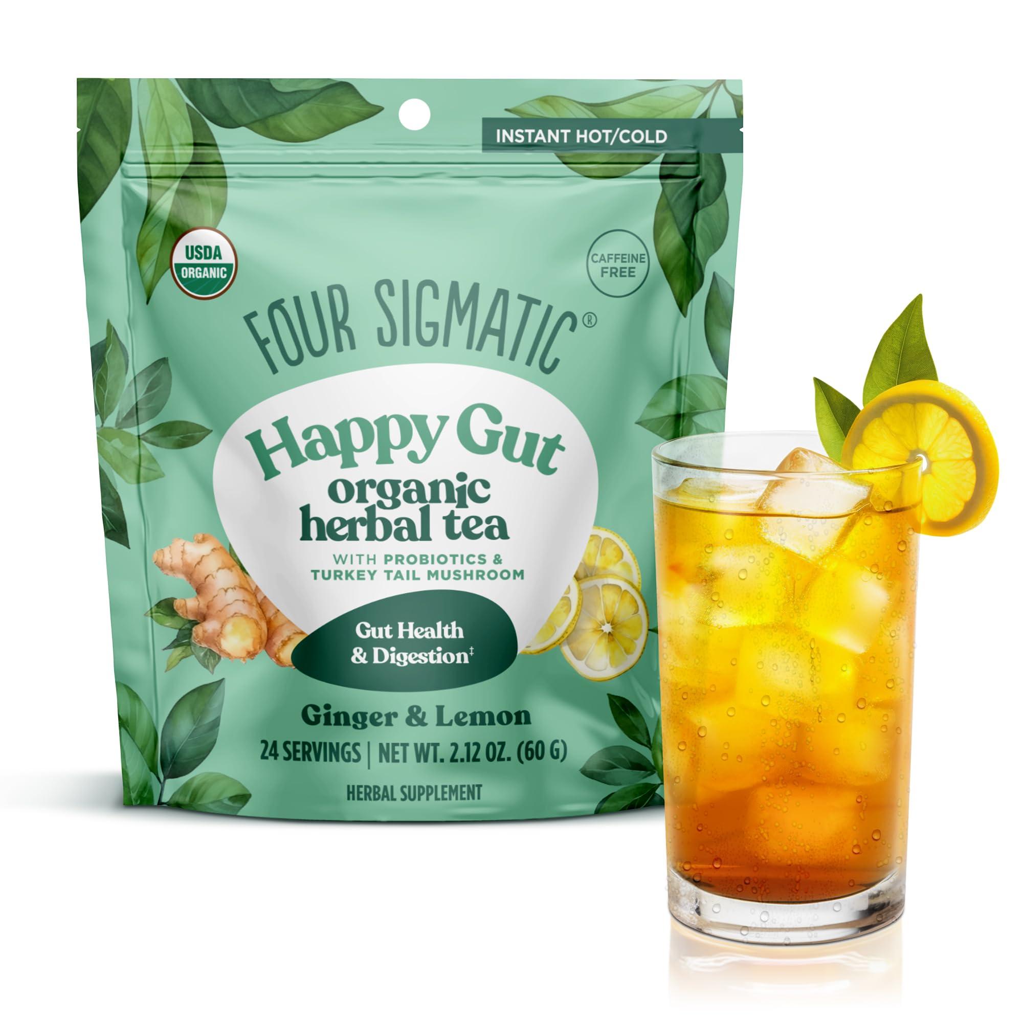 Four Sigmatic Four Sigmatic Happy Gut Organic Herbal Tea | Organic Lemon Ginger with Probiotics & Turkey Tail Mushroom | Instant Digestive Tea | Vegan, Gluten-Free | Lemon Ginger, 24 Servings
