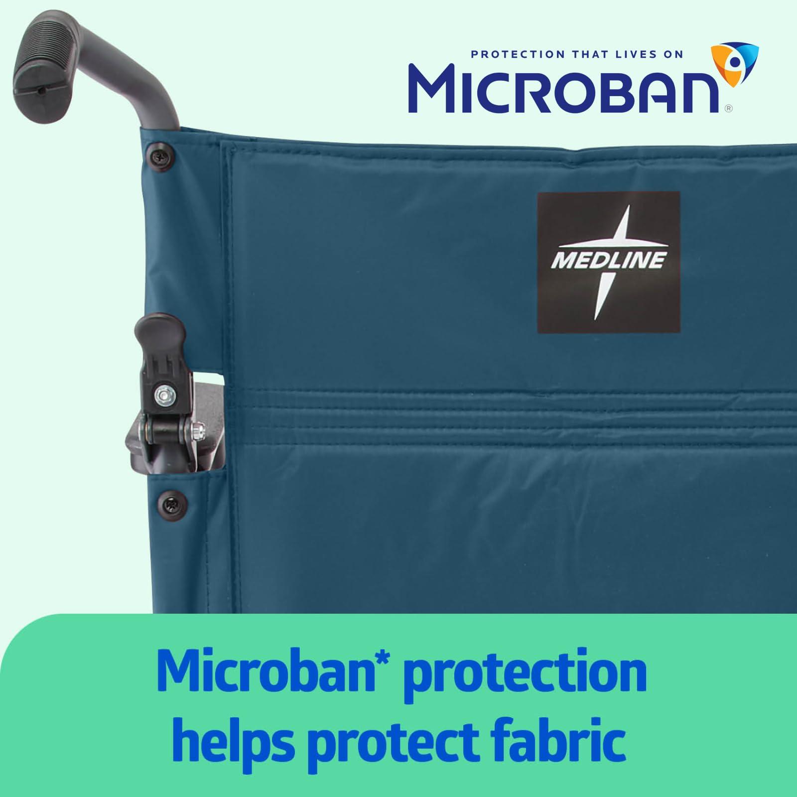 Medline Medline Durable Folding Steel Transport Wheelchair with 12-Inch Wheels, 19-Inch Seat Width, Gray Frame, Microban, Teal Upholstery