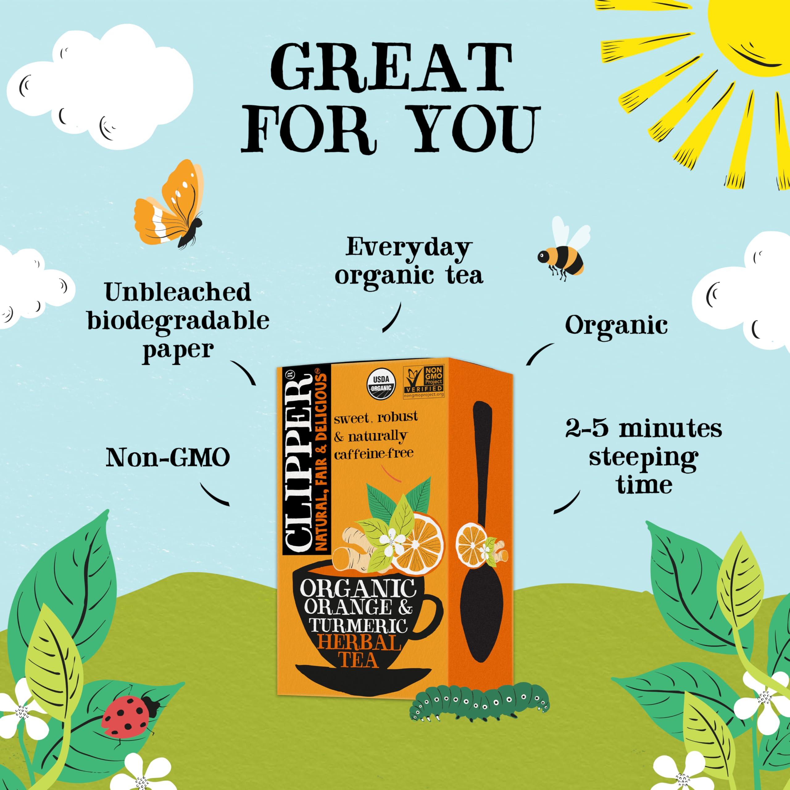 Clipper Natural, Fair & Delicious Clipper Tea, Orange & Turmeric, Organic Tea with Licorice Root, Orange Peel and Hibiscus, Plant Based Herbal Tea, Caffeine Free British Tea, 1 Pack, 20 Unbleached Tea Bags