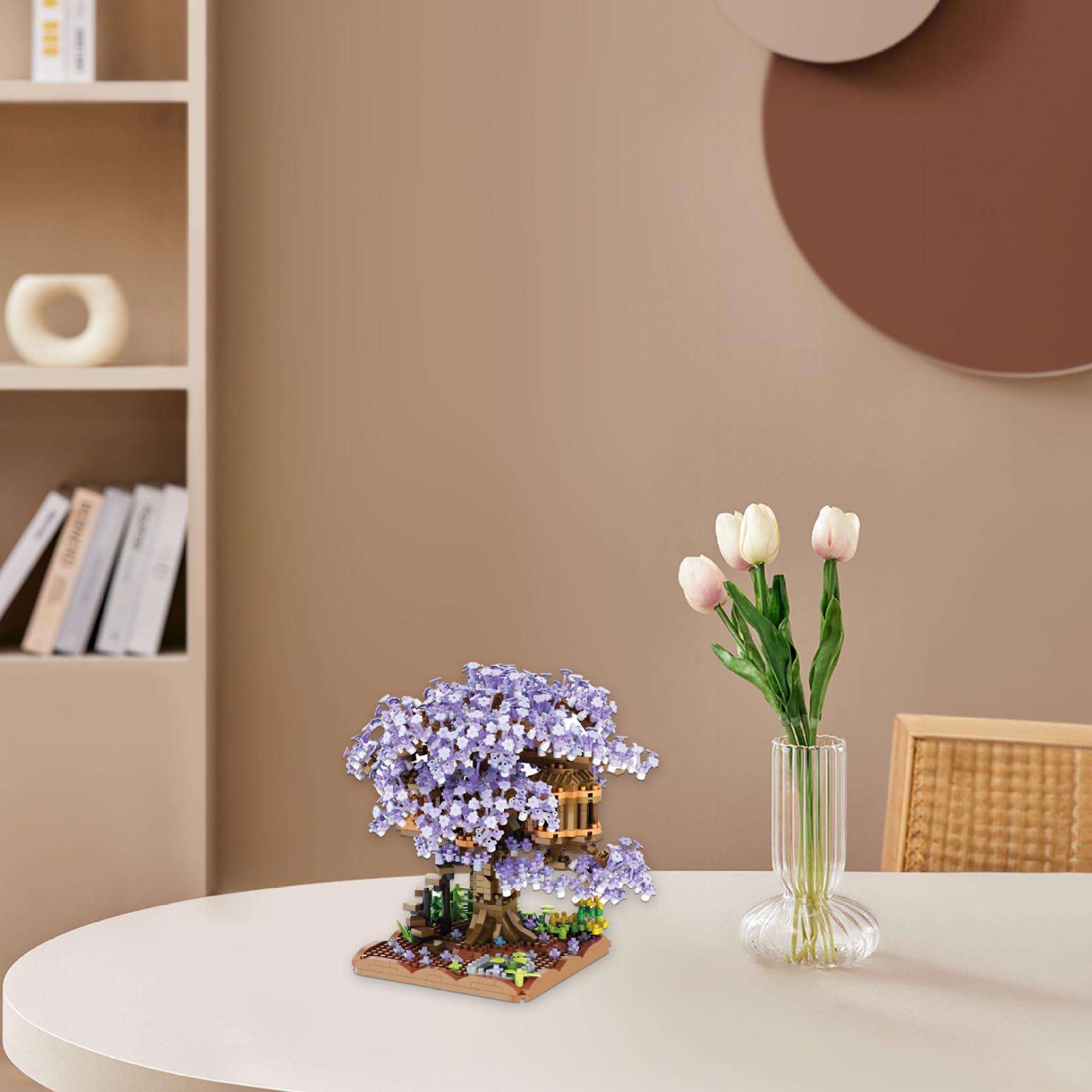 CurcKua Cherry Blossom Tree House Plastic Cherry Bonsai Tree Assembled Cute Sakura Tree DIY Mini Building Blocks Sets Cherry Blossom Tree Sakura Bonsai Tree for Adults, 14+ Teens (Without Light) Purple