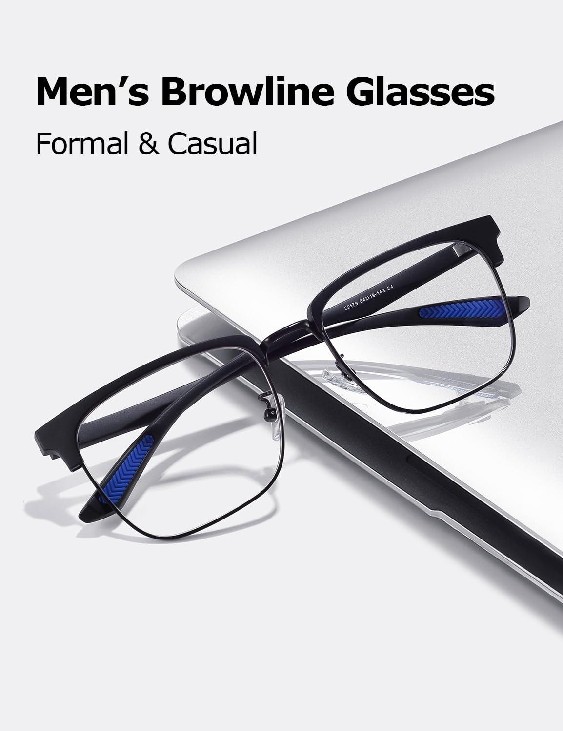 ZanyLen ZanyLen Blue Light Glasses Men Rectangle Large Browline Computer Gaming Glasses Blue Blocker Anti-Glare UV400 Protection Clear Lens (Black Metal/Black TR90 Glasses)