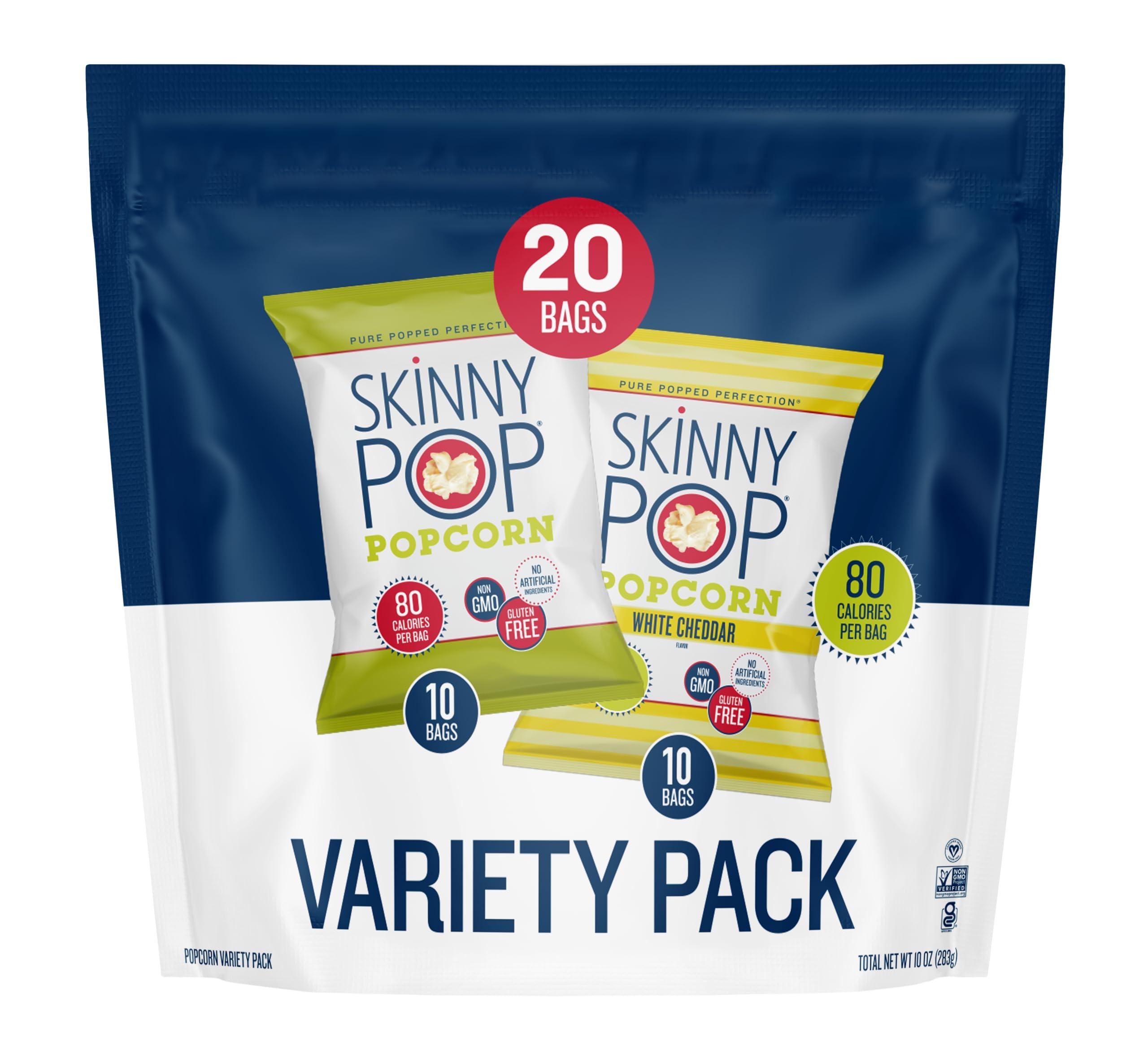 SkinnyPop SkinnyPop Variety Pack Original and White Cheddar Popcorn, Gluten Free, Vegan Popcorn, Non-GMO, Healthy Popcorn Snacks, Skinny Pop, 0.5oz Individually Sized Bag (20 Count)