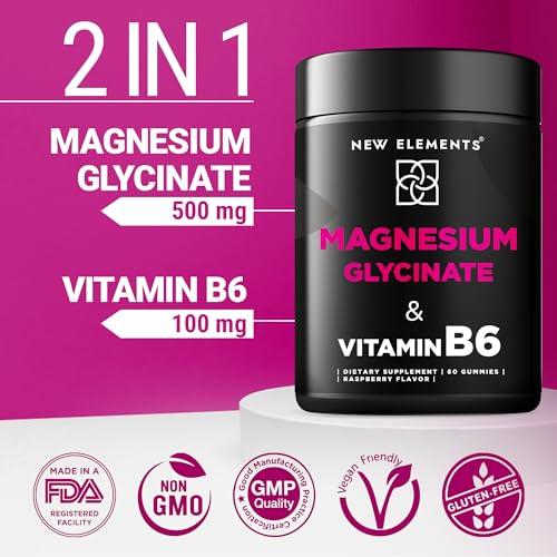 New Elements Magnesium Glycinate Gummies 500mg with Vitamin B6 100mg for Adults and Kids - High Absorption | Non-GMO | No Gluten | Stress Relief | Sleep & Relaxation | Muscle & Heart Support | Natural & Vegan