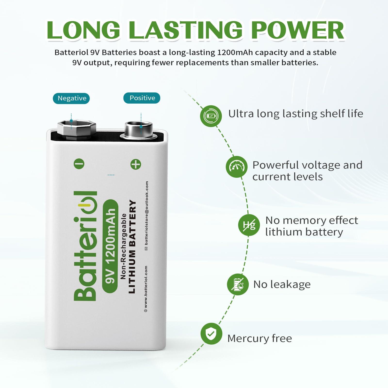 Batteriol Batteriol 9V Lithium Batteries, 1200mAh Lithium 9 Volt Batteries, 10 Year Shelf Life, Long-Lasting Power for Smoke Detector, Microphone and Walkie Talkie, 4 Pack