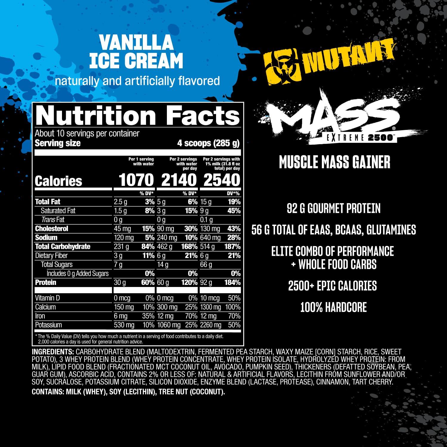 Mutant Mutant Mass Extreme Gainer Whey Protein Powder Build Muscle Size and Strength High Density Clean Calories (Vanilla Ice Cream, 6 lbs)