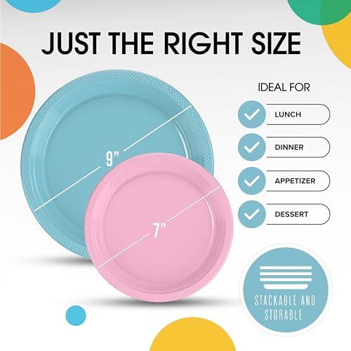 Exquisite Exquisite 9 & 7 Inch. Dinner Plate Combo 100 Pack Light Blue & Pink Plastic Plates Disposable, 50-7 Inch Dessert Plates & 50-9 Inch Dinner Plates Light Blue & Pink Plate Set Plastic Plates For Party