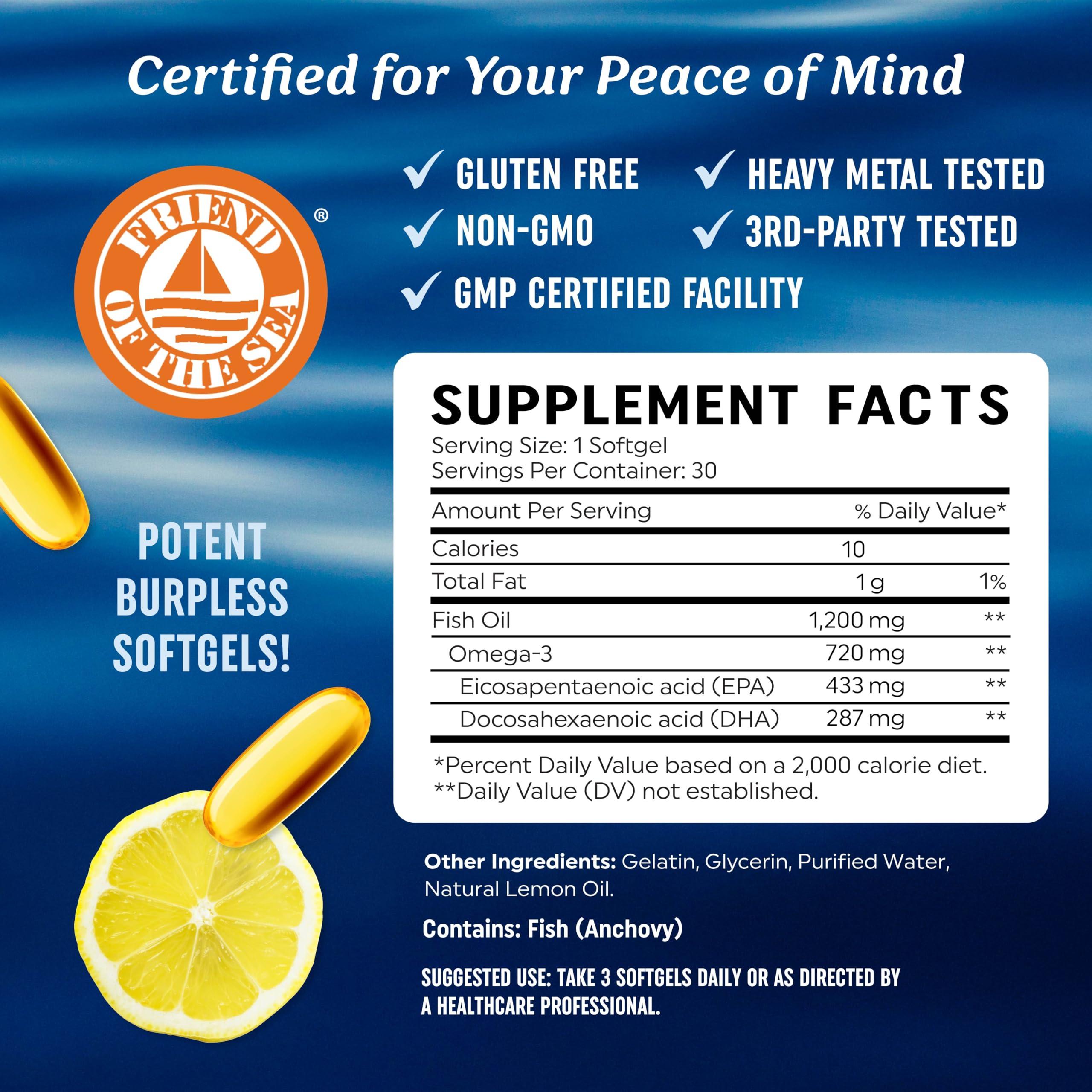 MAV NUTRITION Triple Strength Omega 3 Fish Oil 1200 mg | EPA & DHA | Wild Caught, Sustainably Sourced Omega-3 Fatty Acids | Premium Burpless Fish Oil Supplements | Non-GMO, Third-Party Tested | 30 Softgels