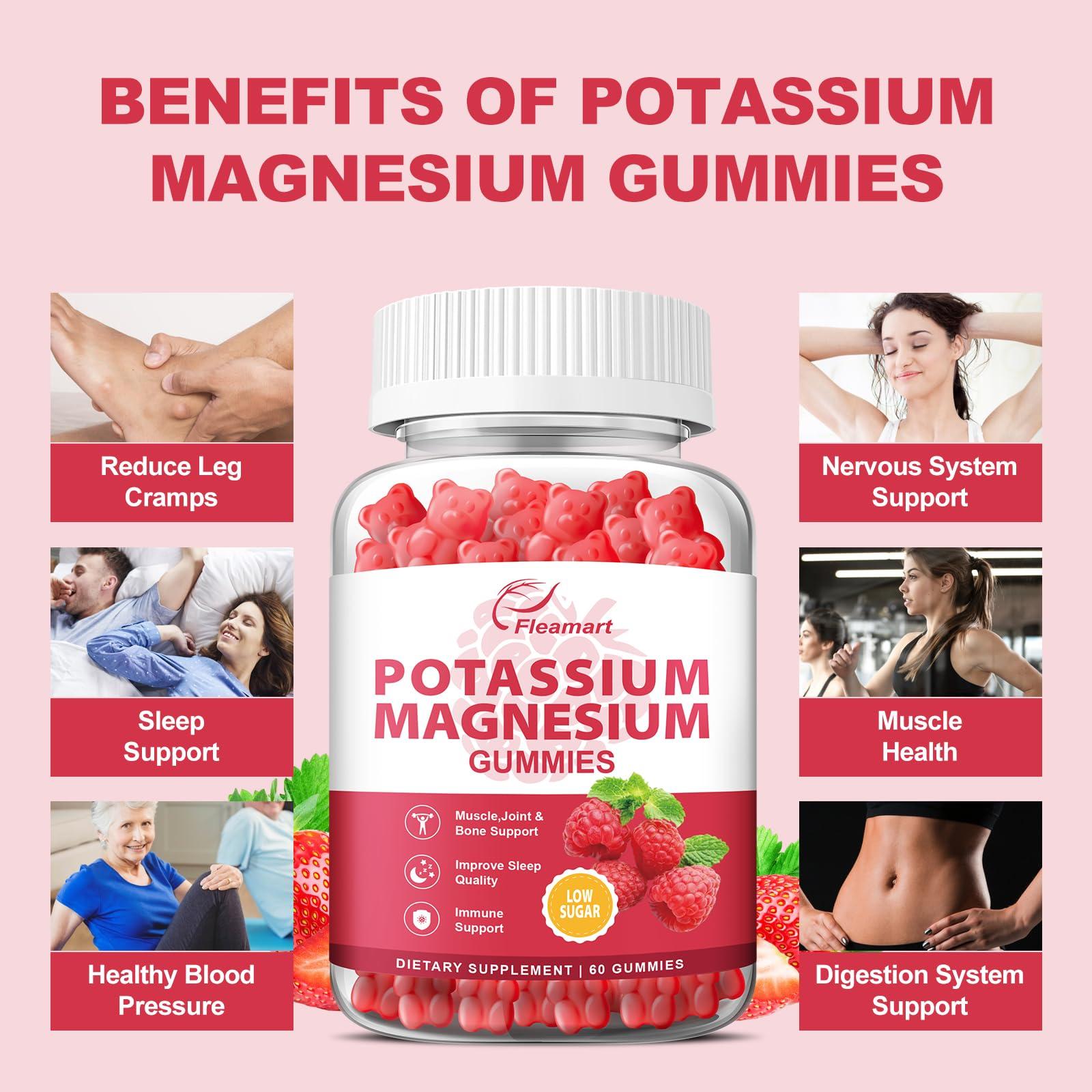 Fleamart Potassium Magnesium Gummies Potassium Citrate 99mg Magnesium Citrate 250mg Magnesium Potassium Complex Supplement, Immune Support, Leg Cramps Muscle Health, 60 Raspberry Gummies 2 Pack