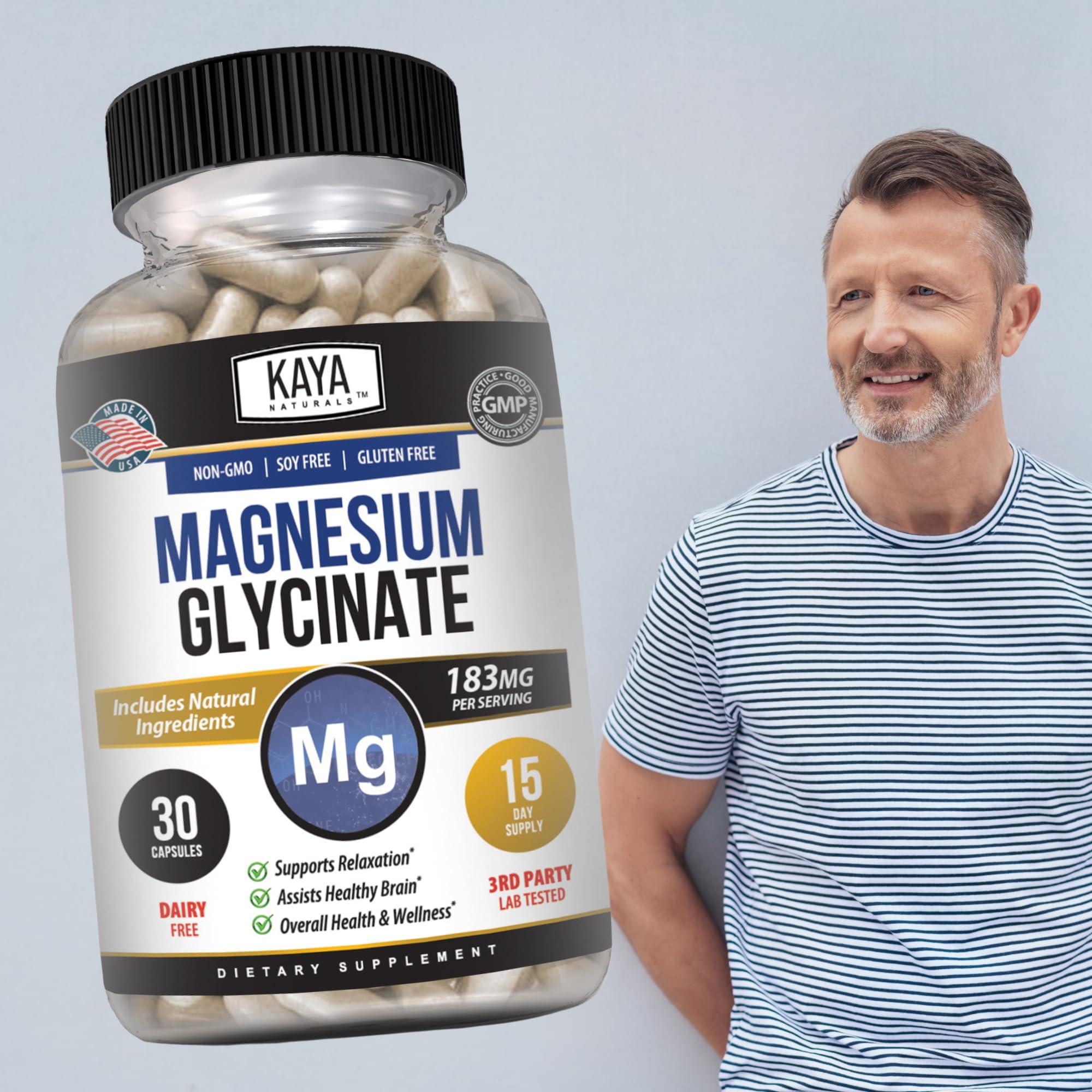 Kaya Naturals Kaya Naturals Magnesium Glycinate 183mg per Caps, Chelated for Maximum Absorption, Non-GMO, NO Gluten Dairy & Soy, Supports Muscle, Joint, and Heart Health (30 Count (Pack of 1))