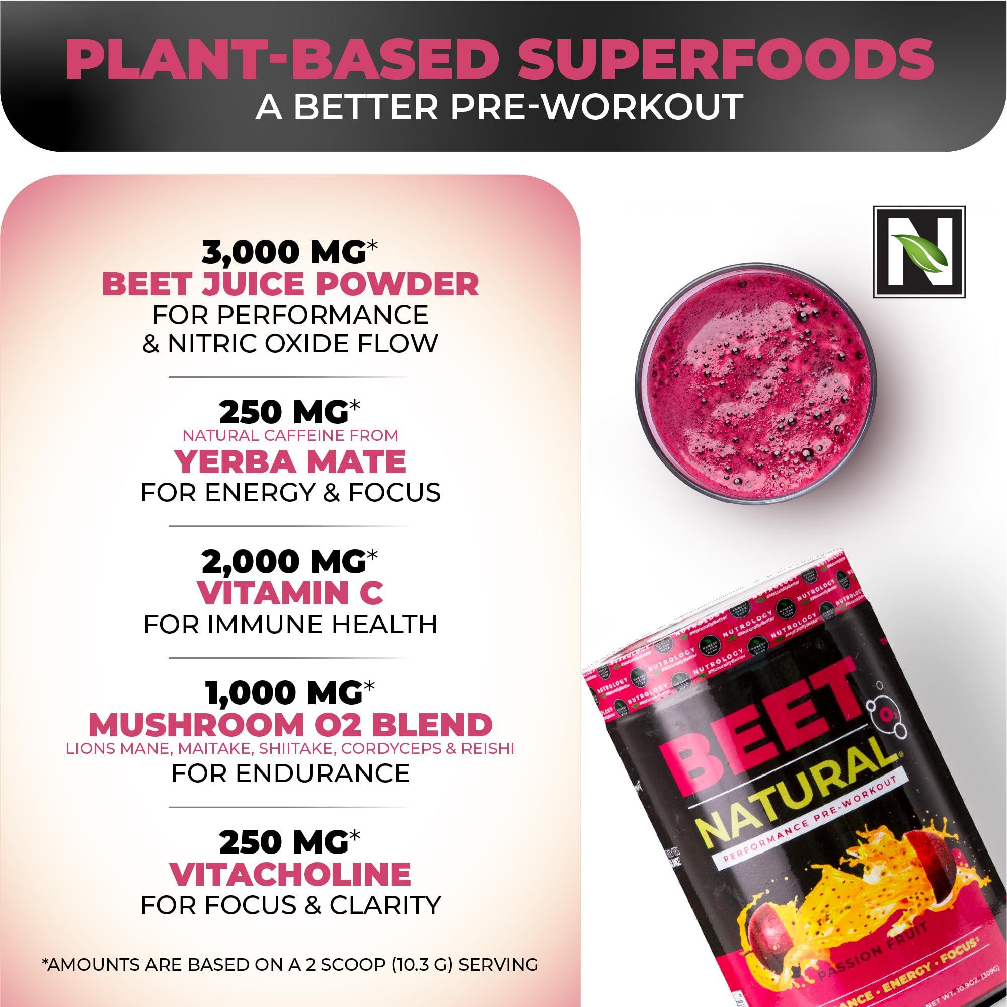 Nutrology Nutrology Beet Natural O2, Pre Workout Powder, Energy, Endurance & Nitric Oxide Booster with Beet Powder, Yerba Mate, Adaptogens & Electrolytes, Vegan Pre Workout, Passion Fruit Flavor, 30 Servings