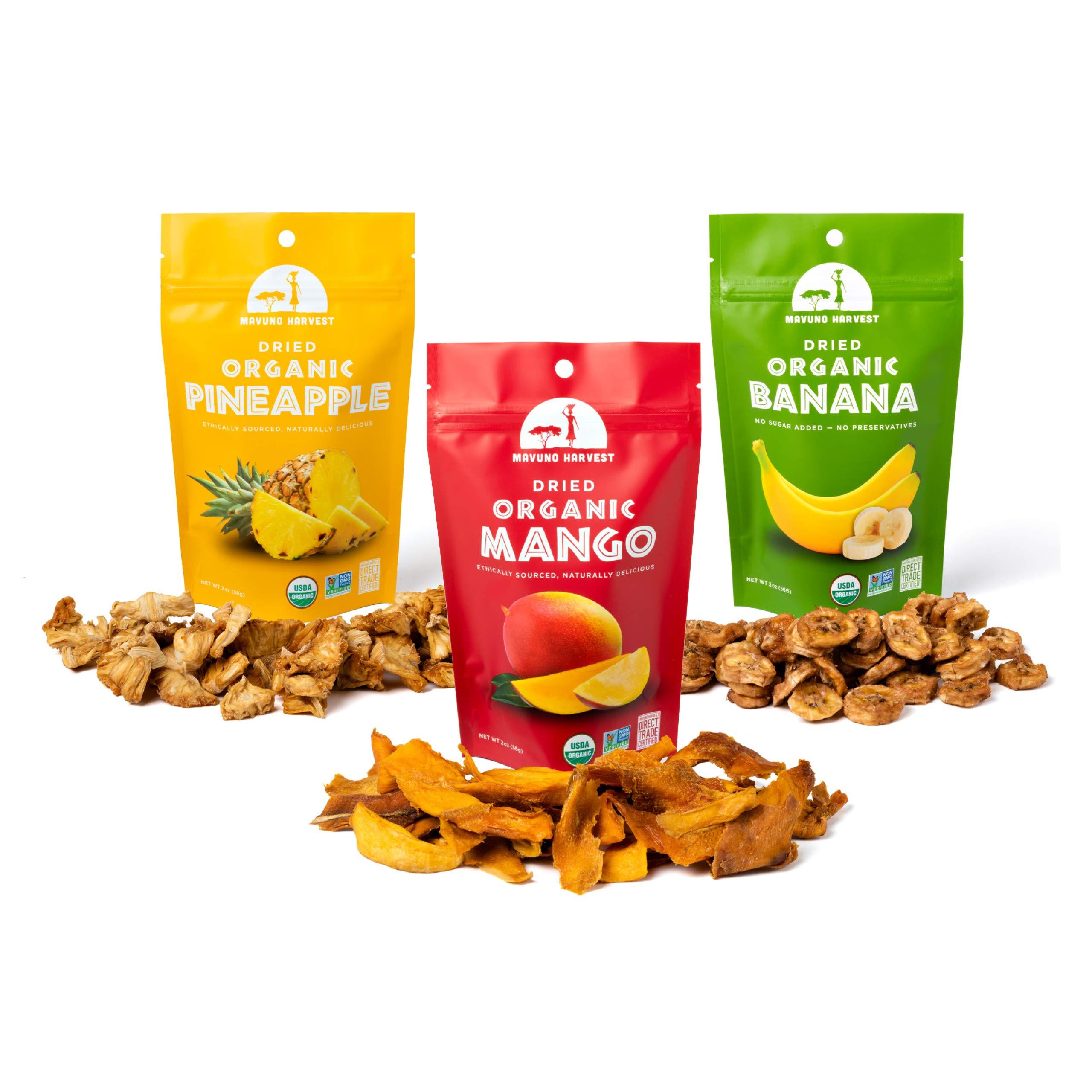 Mavuno Harvest Mavuno Harvest Organic Dried Fruit Variety Pack | Dried Mango, Pineapple, and Banana | Healthy, Vegan, No Sugar Added, Non GMO Snacks for Kids & Adults | 2 Ounce, Pack of 6