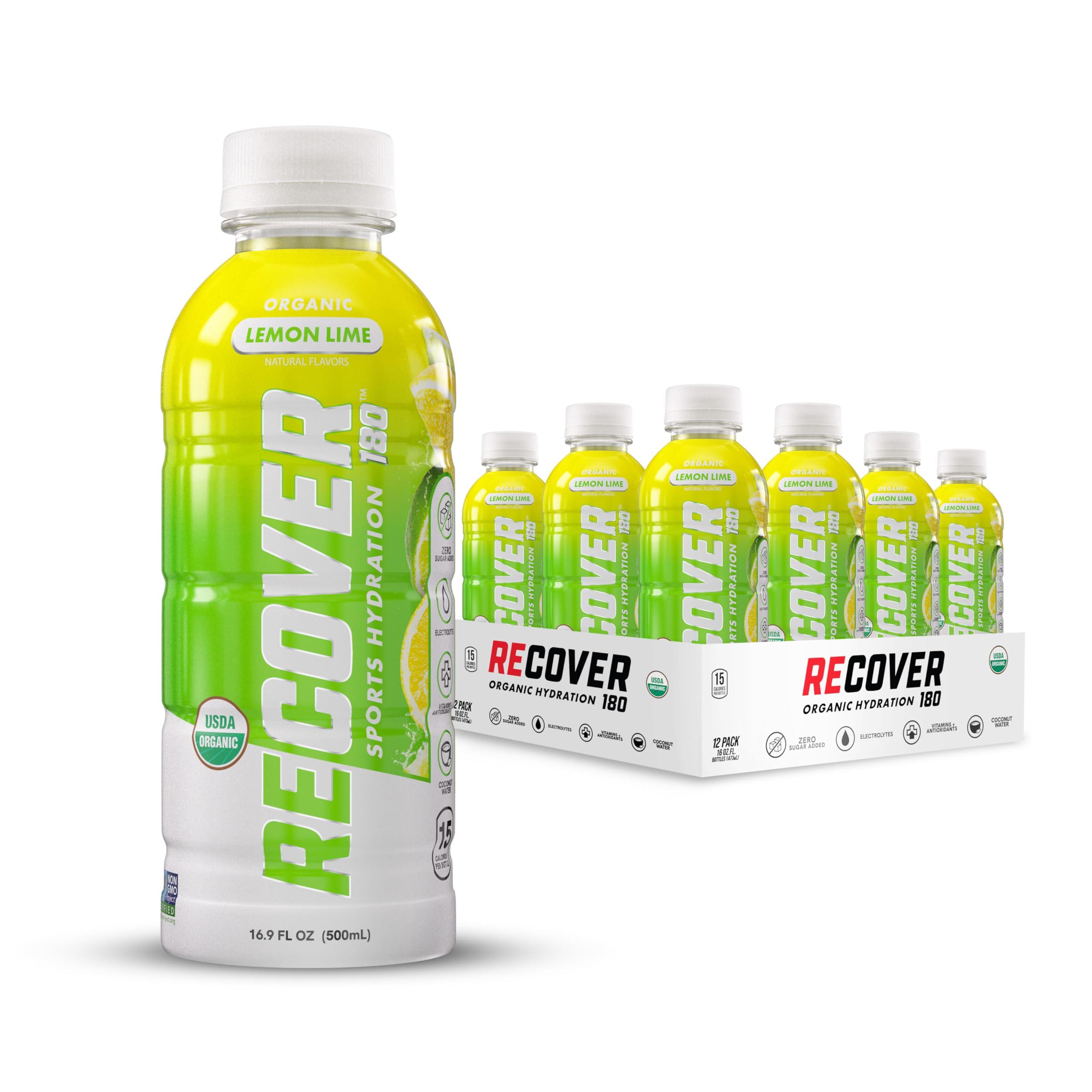 RECOVER 180 RECOVER 180 Organic Sports Hydration Drink, No Sugar Added, 15 Calorie Sports Beverage, Organic Flavors With Vitamins, Potassium-Packed Electrolytes (16.9 Fl Oz (Pack of 12), Lemon Lime)
