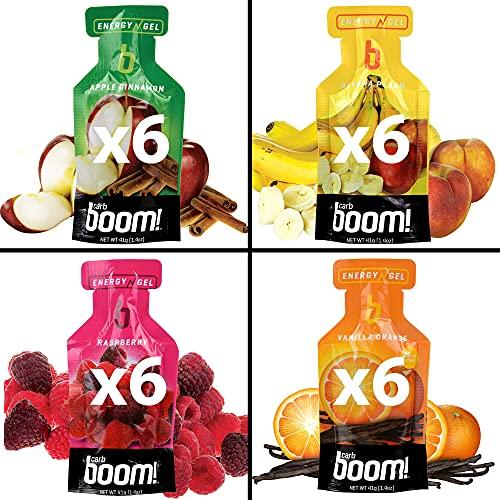 Carb Boom Boom Nutrition Carb Boom Energy Gels - Apple Cinnamon, Banana Peach, Raspberry, & Vanilla Orange Flavors (6 Each) - Natural Energy Gel for Cycling & Running - (Variety 24 Pack)