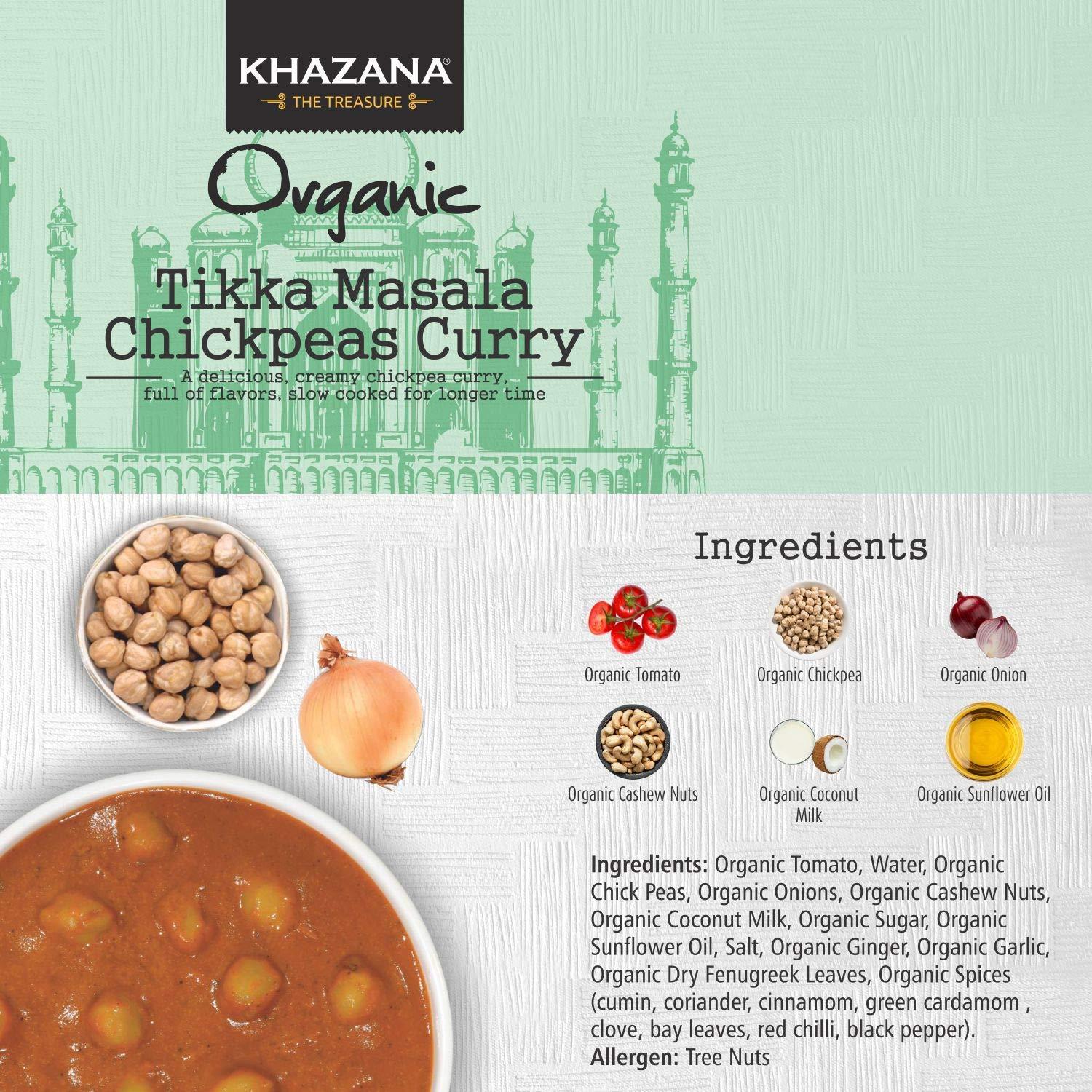 Khazana Khazana Organic Ready to Eat Meals - Tikka Masala Chickpeas Curry (Pack of 6, 10oz Pouches) - Non-GMO, Vegan, Gluten Free & Kosher - Authentic Indian Cuisine in 90 Seconds!