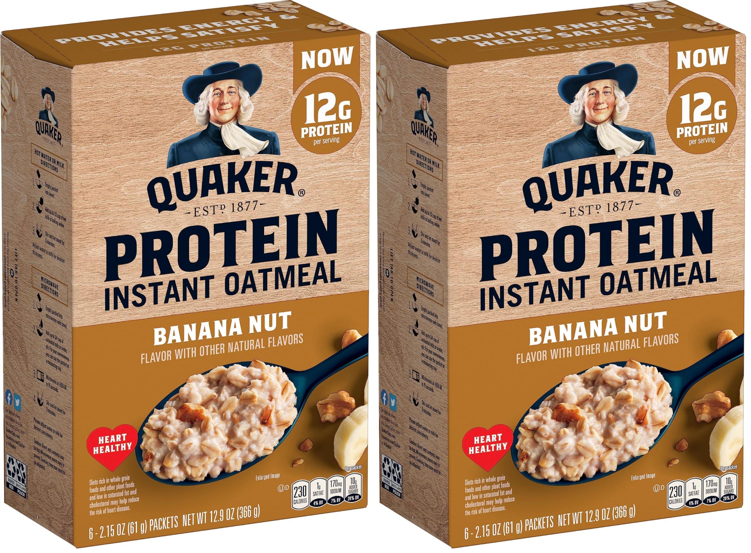 Quaker Quaker, Protein Instant Oatmeal, Banana Nut, 12.9 Oz, 6 Count (Pack of 2)