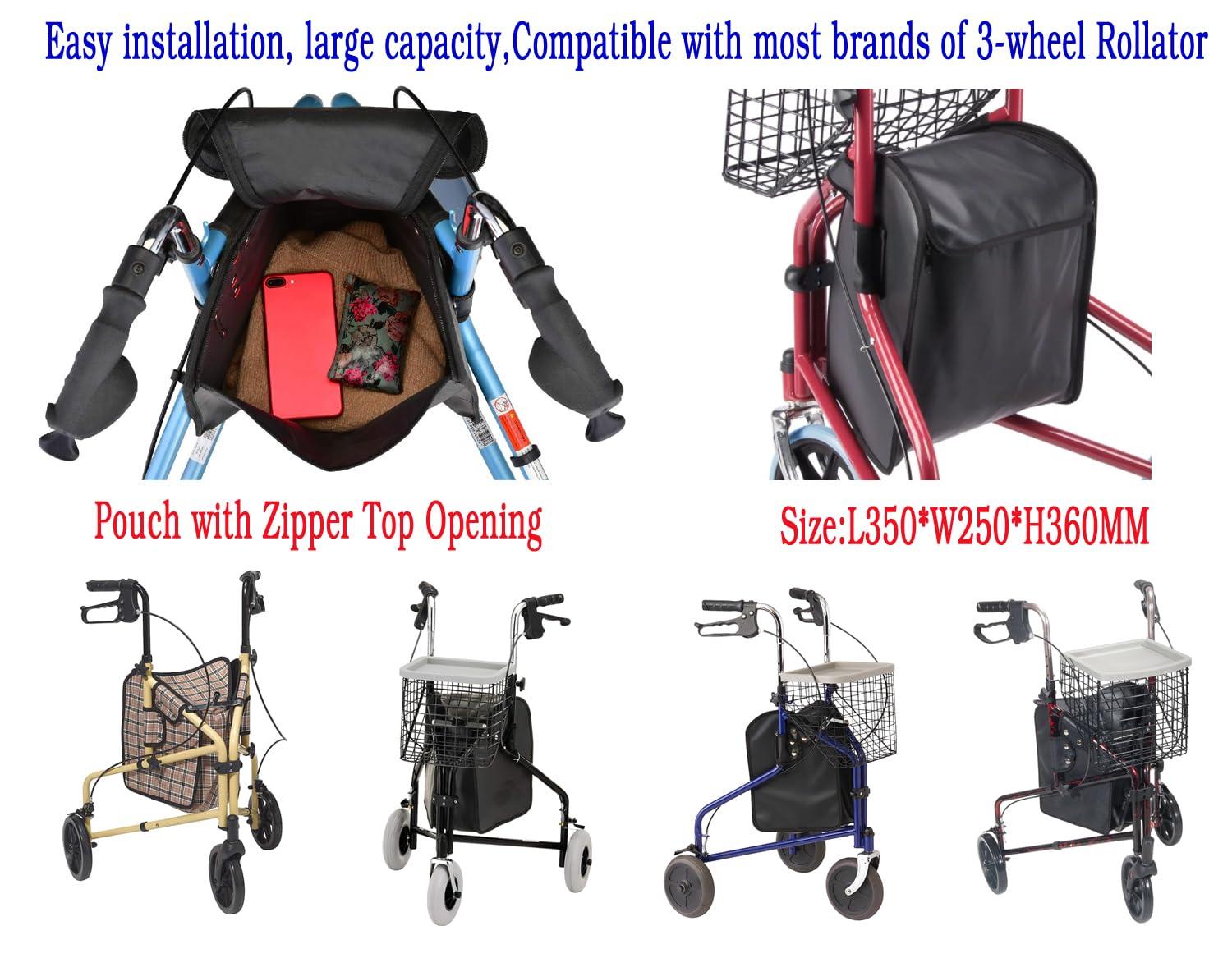 ForconMed 3 Wheel rollator Storage Bag,Bag for 3 Wheel Walker,Pouch Bag for 3 Wheeled Rollator Walker, 3-Wheel Walker Bag,Tote Bag with Snaps,3 Wheel rollator Universal Replacement Part.(1Ea,Black)