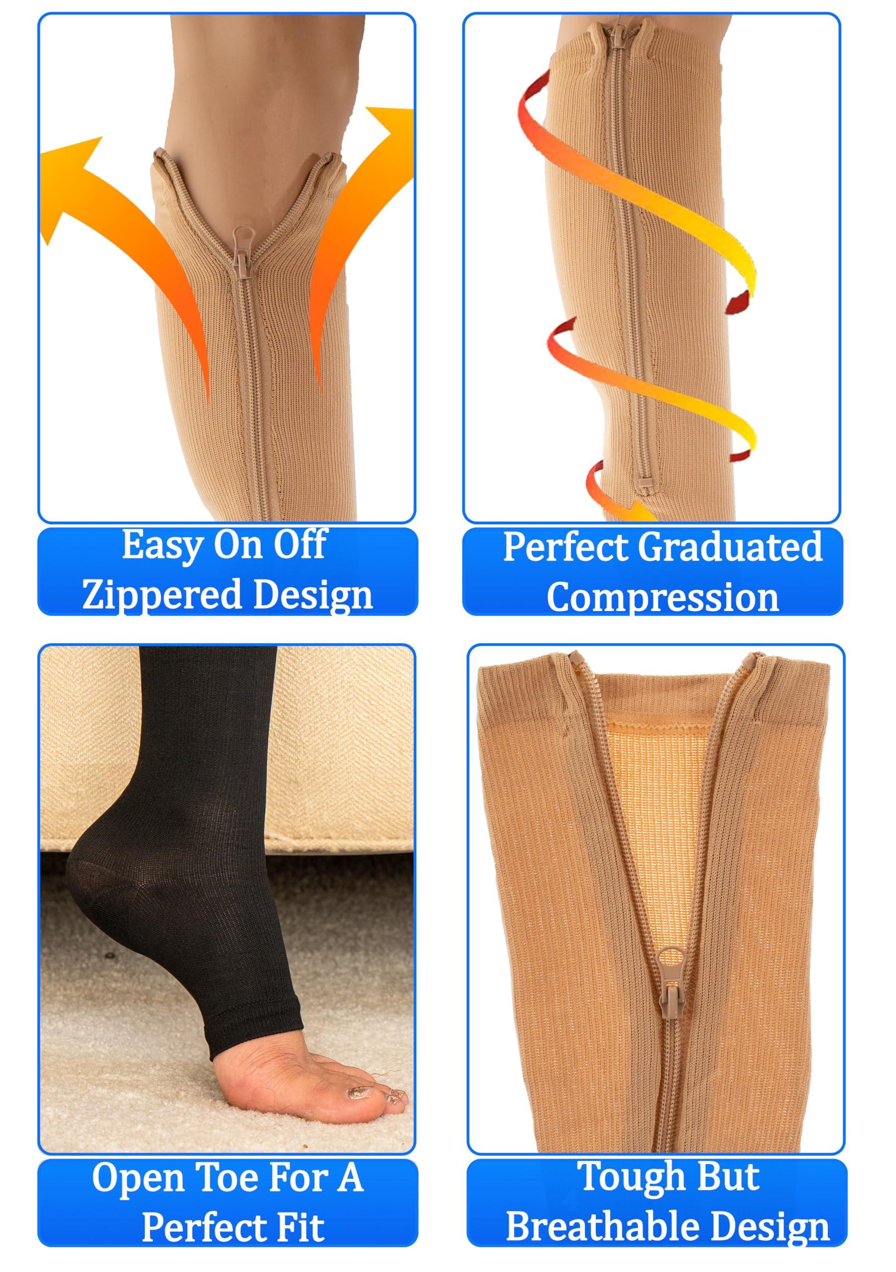 5StarDeals Zipper Compression Socks Supports Stockings Leg Open Toe 23-32mmHg Zipper (XL, Nude)