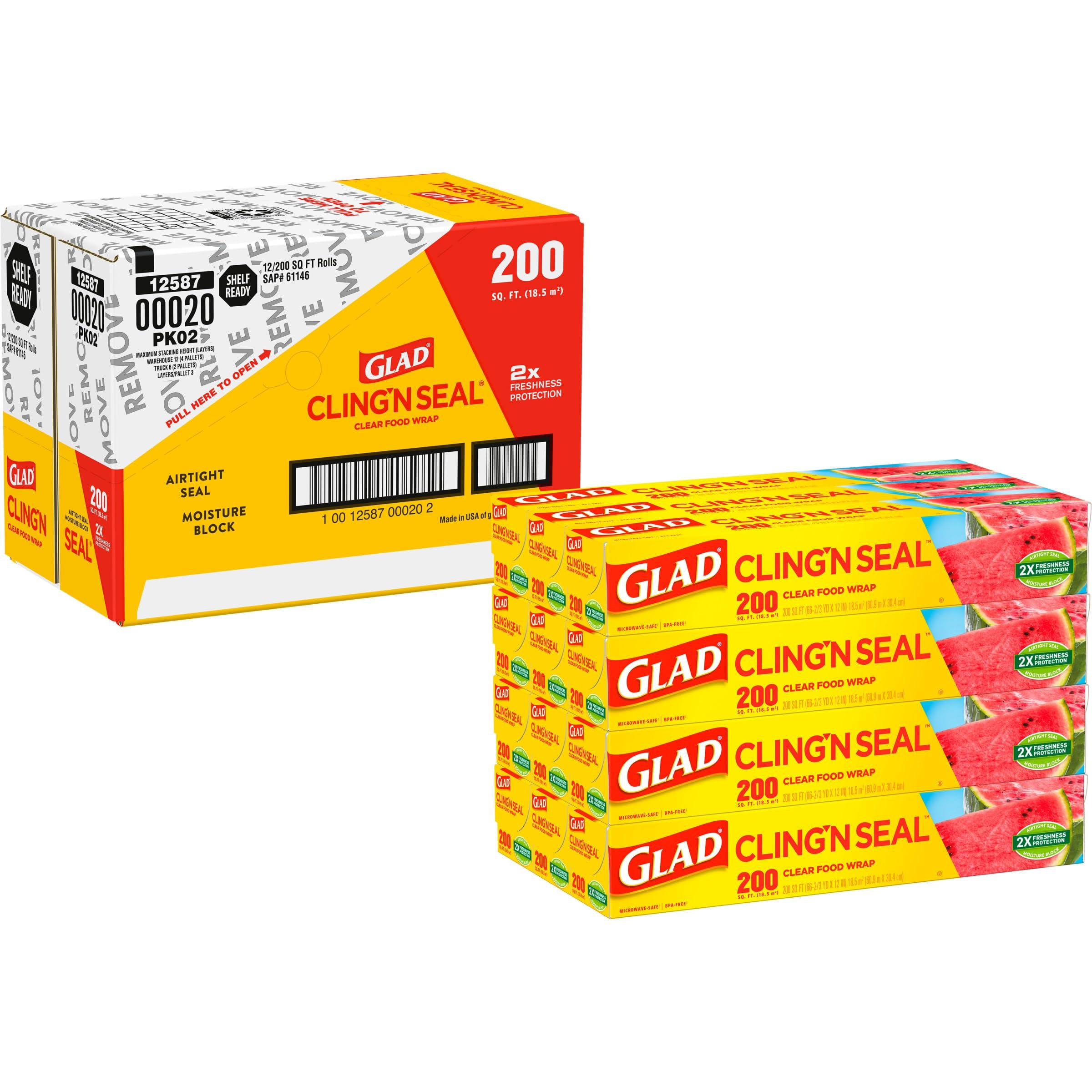 Glad Glad Cling N Seal Plastic Food Wrap, 200 Square Foot Roll, Pack of 12, Pack May Vary