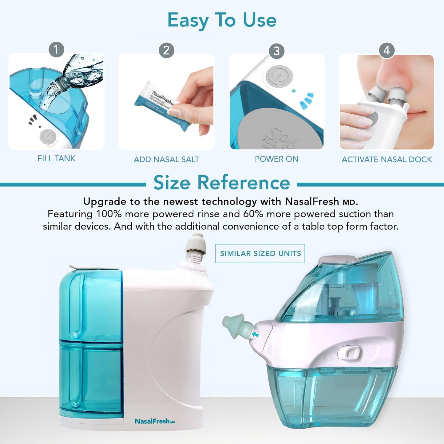 SPA SCIENCES NASALFRESH MD - Dual Powered Nasal Irrigation System Nasal Rinse and Wash - Sinus Decongestant Relief System w/ 30 Saline Packets - Rechargeable - Snoring Remedy