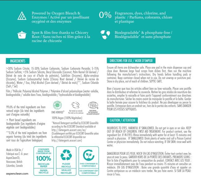 AspenClean Unscented Dishwasher Pods by AspenClean, Dye-Free, Zero Plastic, EWG Verified, Vegan, Eco-Friendly, Natural Dishwasher Detergent - 28 Count