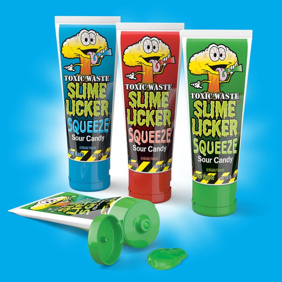 TOXIC WASTE Toxic Waste - Slime Licker Squeeze - Sour Squeeze Slime Candy - Green Apple, Blue Razz, & Cherry Flavors - 2.47 oz. Tubes - 3-Pack