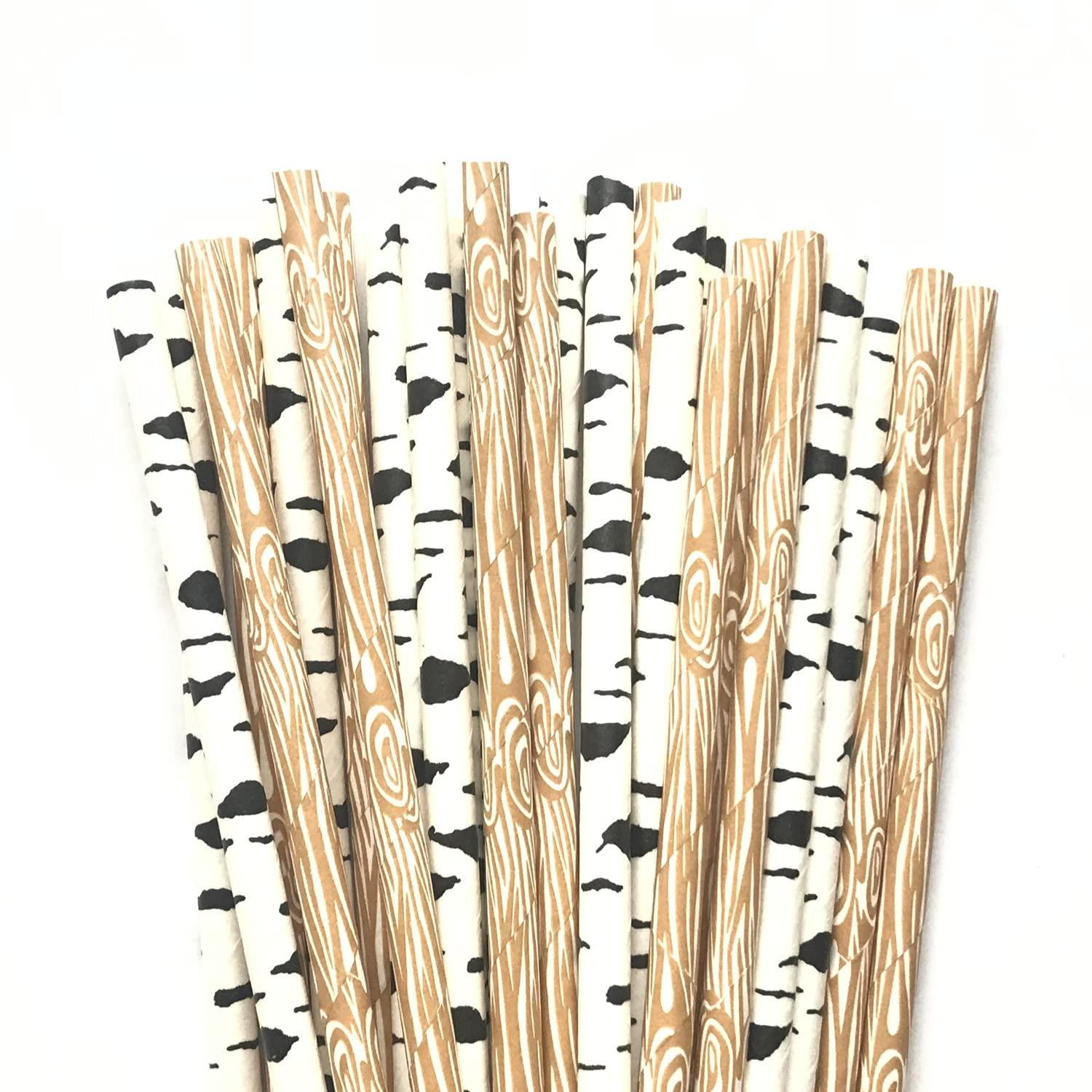 Generic 100 pcs Mixed Party Paper Straws Bulk, Cute Tree Wood Grain Black Birch Woodland Rustic Drinking Straws Bulk, Picnic Camp Safari Outdoor Birthday Baby Bridal Shower Wedding Cake Pop Sticks (Timber)