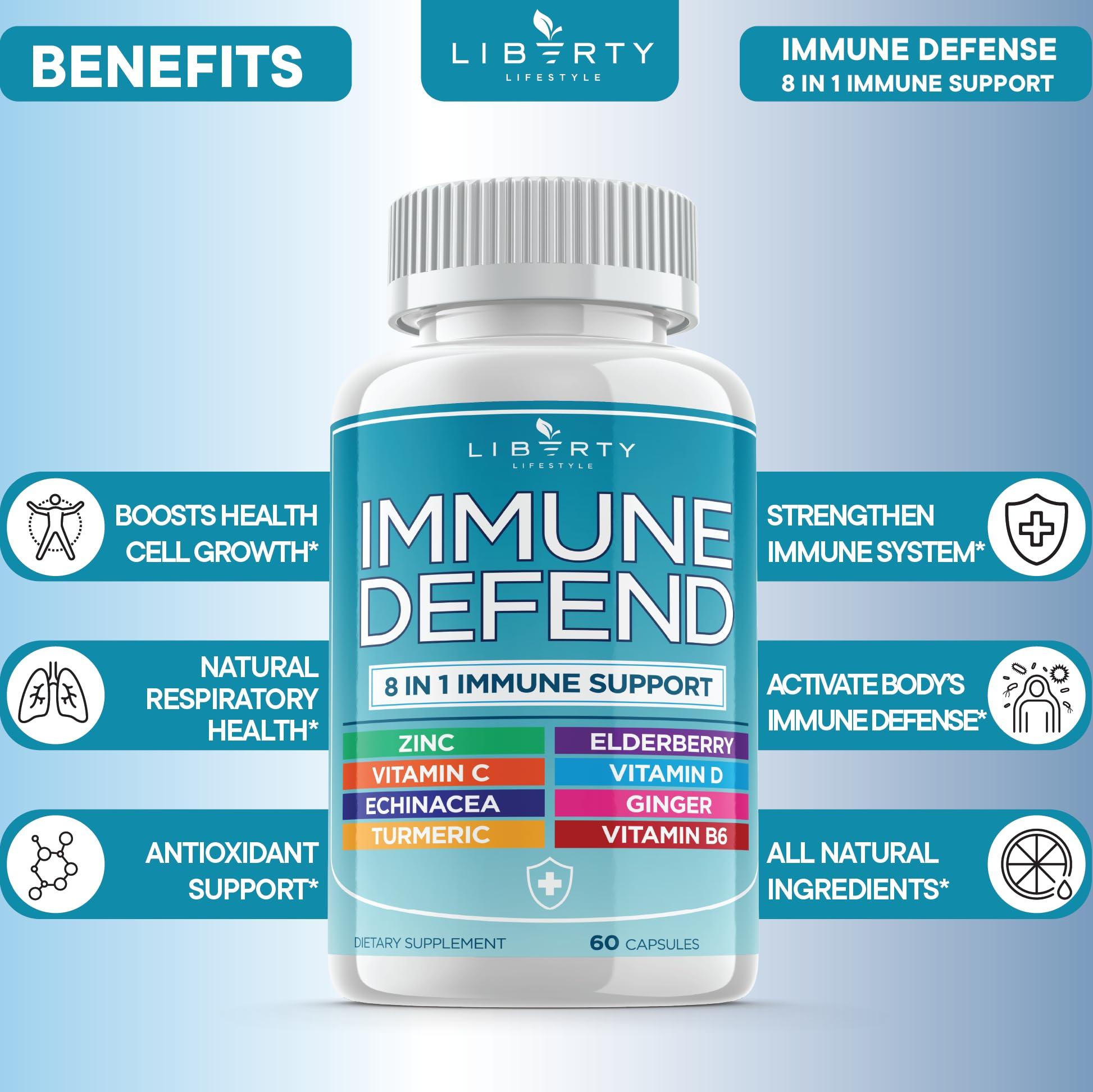 Liberty Lifestyle 8 in 1 Immune Defense Support, Immunity Vitamins Supplement Booster with Zinc 50mg, Vitamin C Elderberry VIT D3 5000 IU, Turmeric Curcumin & Ginger, Echinacea - Allergy Relief for Kids Adults