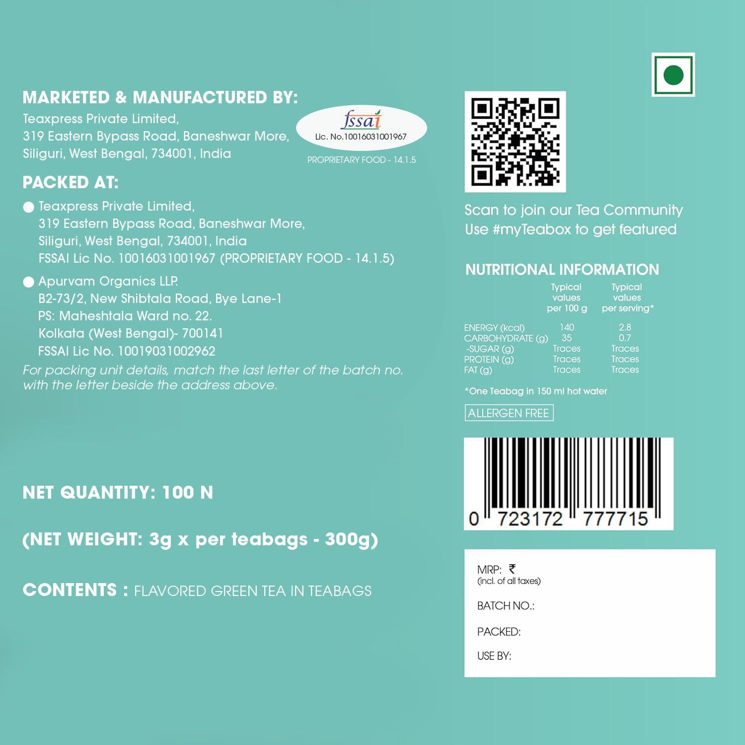 Teabox Teabox Detox Kahwa Green Tea Bags 100 pcs | For Natural Body Cleanse & Cold Relief | Made with 100% Indian Herbs & Spices