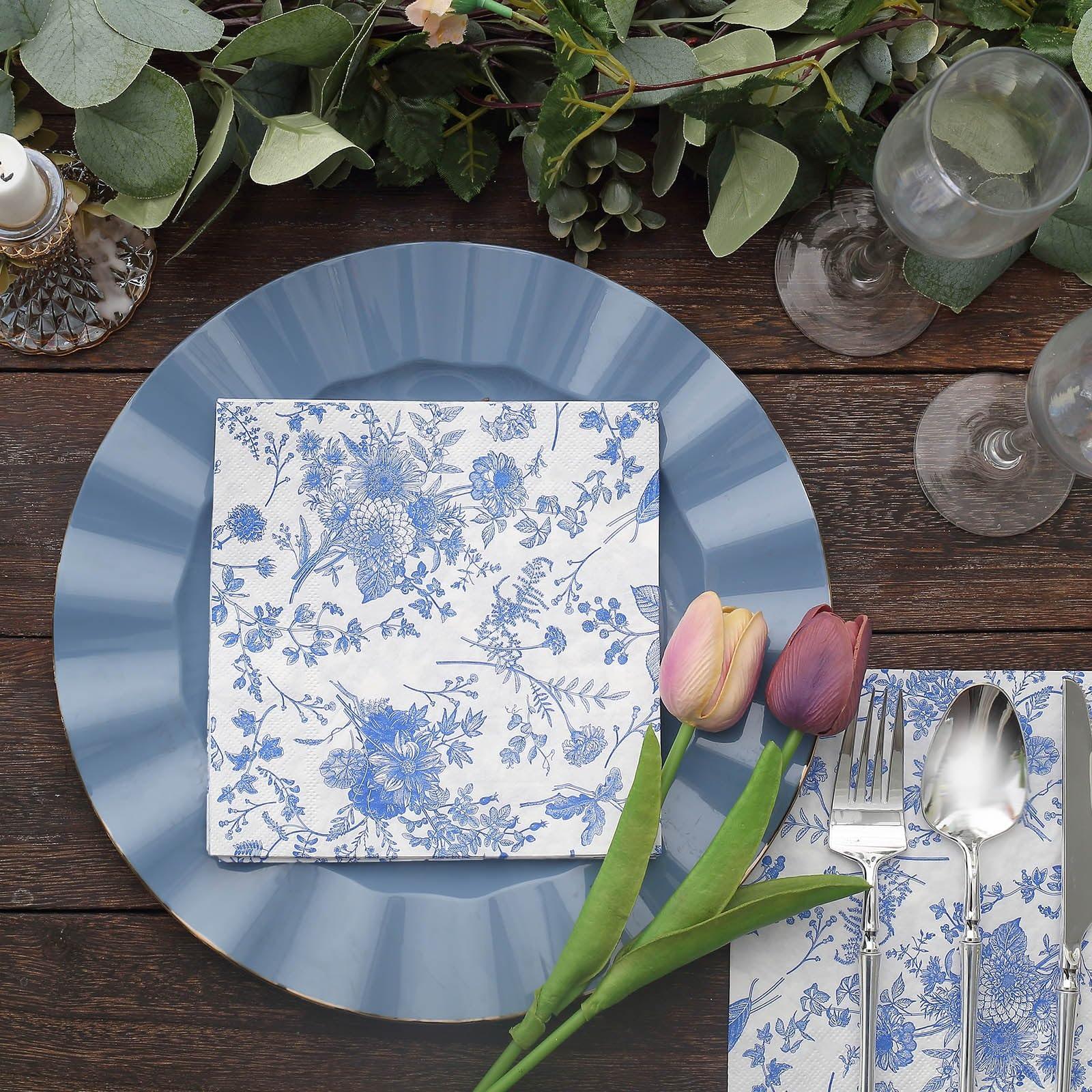 TABLECLOTHSFACTORY.COM Tableclothsfactory 20 Pack | White/Blue Chinoiserie Floral Print 2-Ply Paper Napkins, Disposable Dinner Napkins