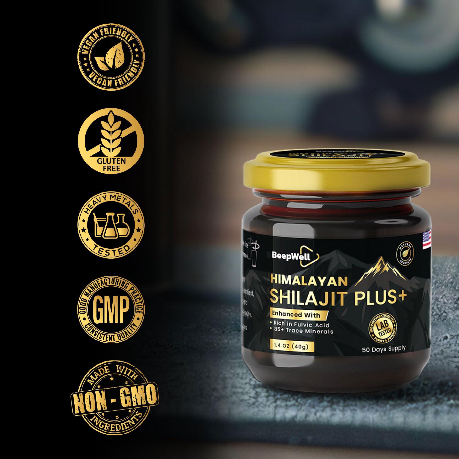 BeepWell BeepWell Shilajit Resin Himalayan Pure Natural Ashwagandha Maca Root Black Pepper Authentic Chilajil Men Women Gold Ayurvedic, 72% Fulvic Acid 85+ Trace Minerals, 50 Servings, 40 Grams