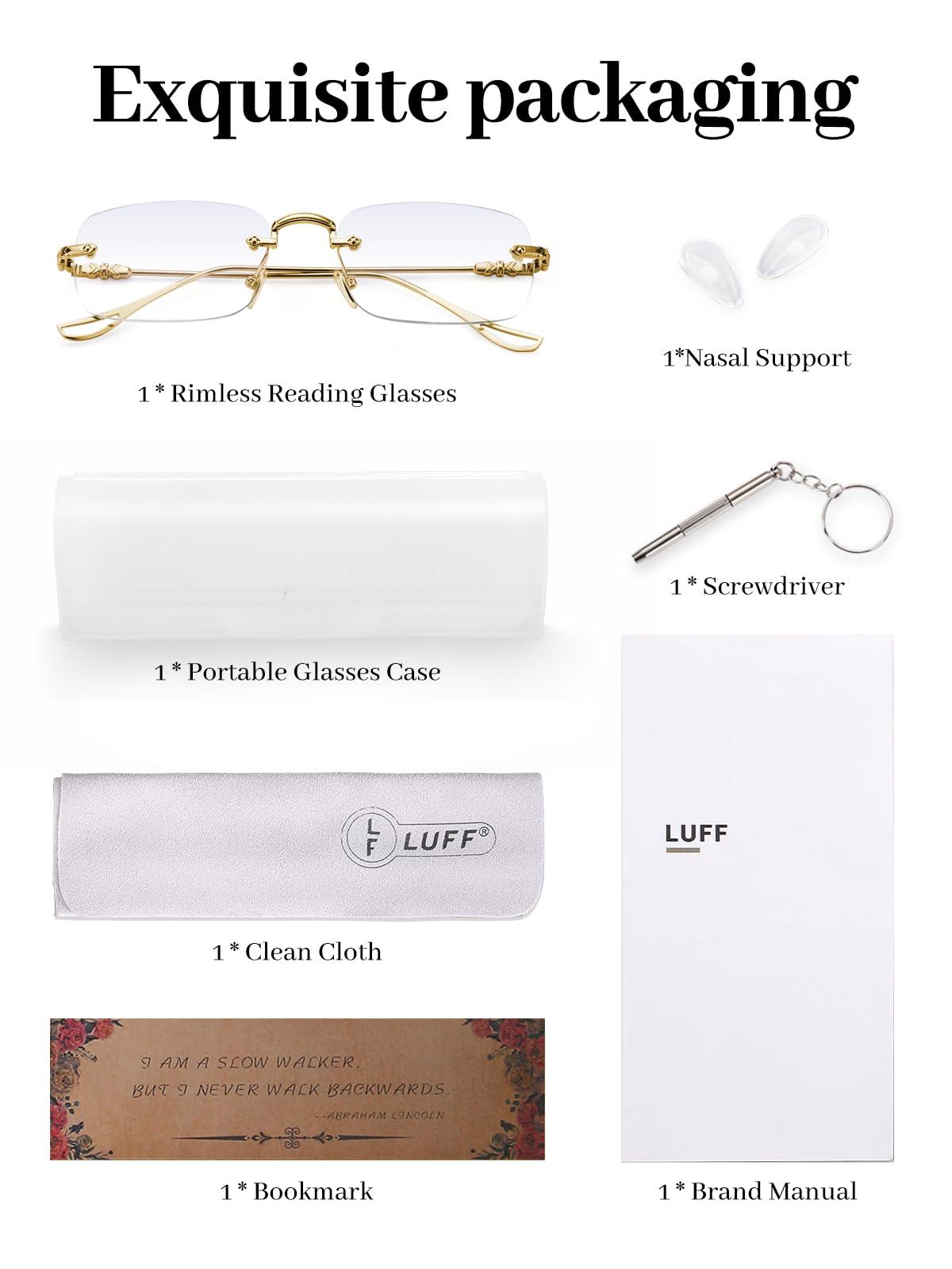 LUFF LUFF Frameless Reading Glasses for Women Men,Rimless Readers Blue Light Metal Classic Computer Eyeglasses Anti Eyestrain