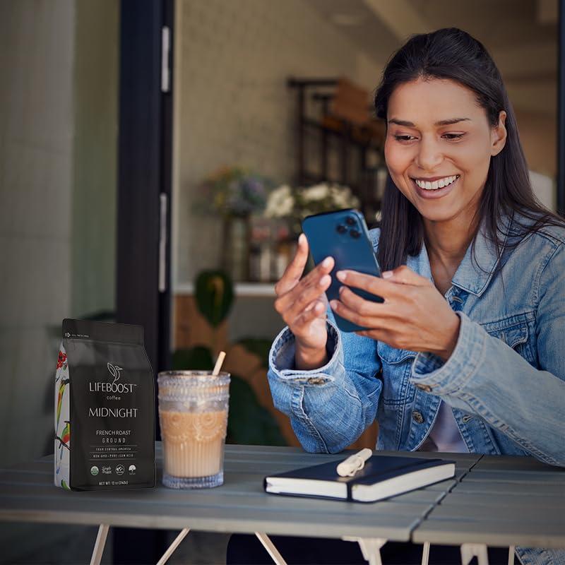 LIFEBOOST LIFEBOOST Midnight Coffee French Roast Coffee Ground - Single Origin USDA Organic Low Acid Coffee French Roast - Non-GMO Ground Coffee - Third Party Tested For Mycotoxins & Pesticides - 12 Ounces