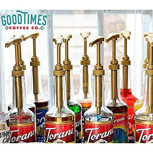 Good Times Coffee Co. Gold Coffee Syrup Pump for 750 ml Bottles (Pack of 4) Fits Upouria, Torani, Davinci, Jordans Skinny Syrups, and (Monin 1 Liter Plastic Bottles Only)