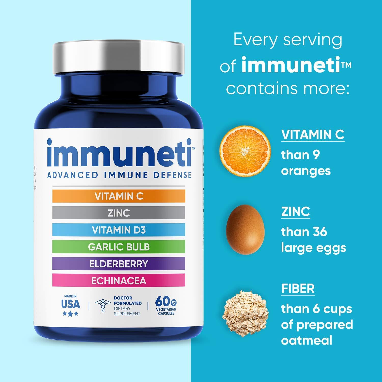 Immuneti Nutrition Immuneti - Advanced Immune Defense, 6-in-1 Powerful Blend of Vitamin C, Vitamin D3, Zinc, Elderberries, Garlic Bulb, Echinacea - Supports Overall Health, Provides Vital Nutrients & Antioxidants
