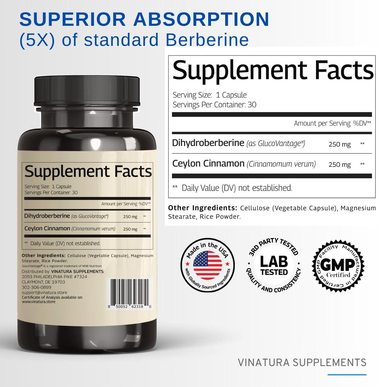 VINATURA VINATURA Dihydroberberine Supplement 500mg with Ceylon Cinnamon - (Patented GlucoVantage Super Berberine), Maybe Berberine 5X More absorbable - 30 Capsules