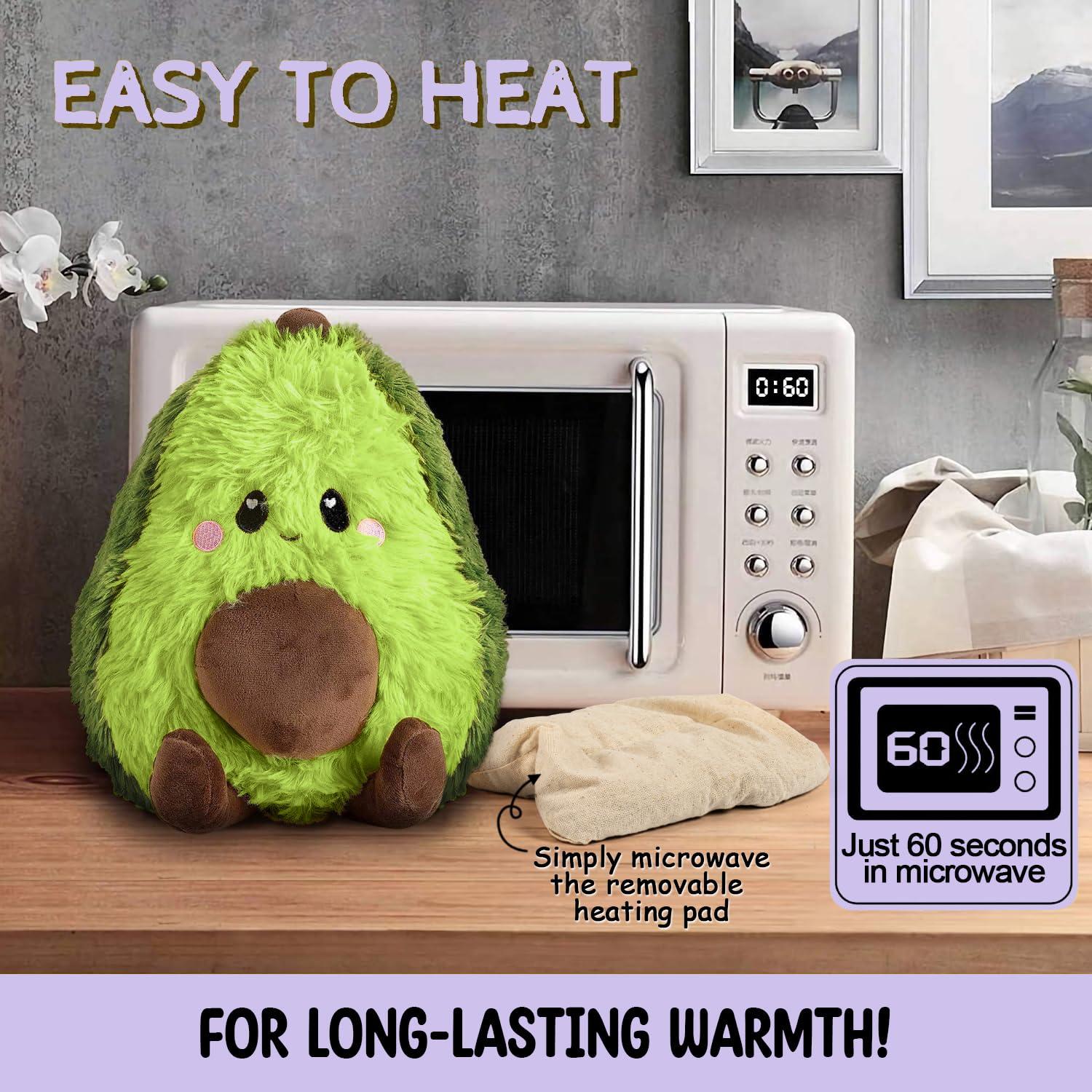 Happy Fuel Avocado Microwavable Unscented Heating Pad for Women and Kids- Cute Soft Cozy Pillow Plush Heatable Warm Stuffed Animals - Kawaii Hot and Cold Plushie Food Toy - Avocado Gifts for Girls and Boys