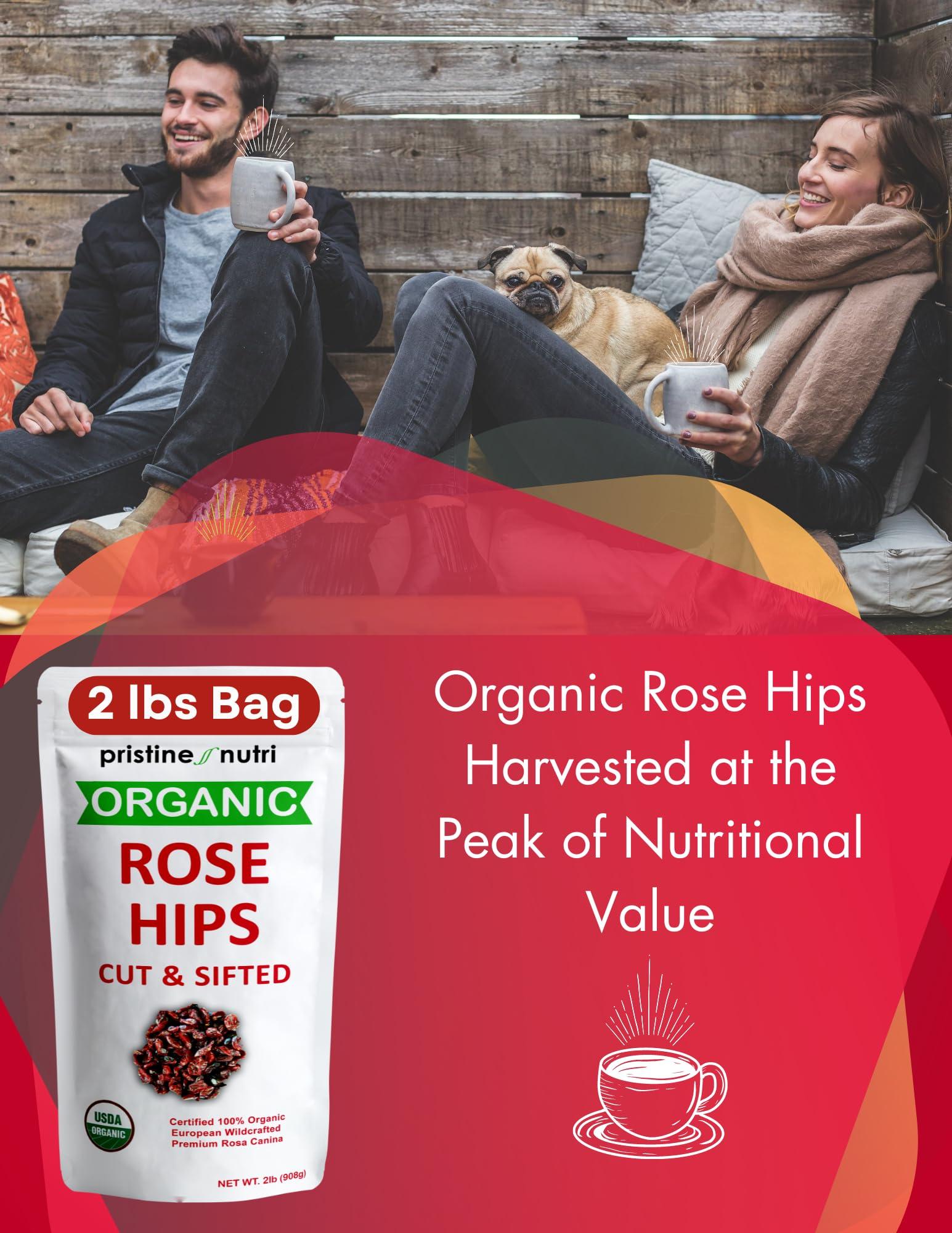 pristine nutri 2 lb (32 oz) Rose Hips Dried Organic Bulk, Organic Rosehips Cut & Sifted, 95% Seedless, European All Natural, Rosehips Dried Organic Bulk, Makes 140 Cups of Vitamin C Rich Tea (packaging may vary)