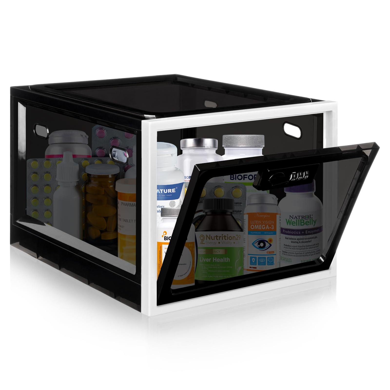 Gemaxvoled Medicine Lock Box for Safe Medication, Premium Material Lockable Storage Box Locking Organizer Bin with Combination Code for Fridge Food/Snacks/Phone/Tablet Jail/Home/Office Storage Lockers