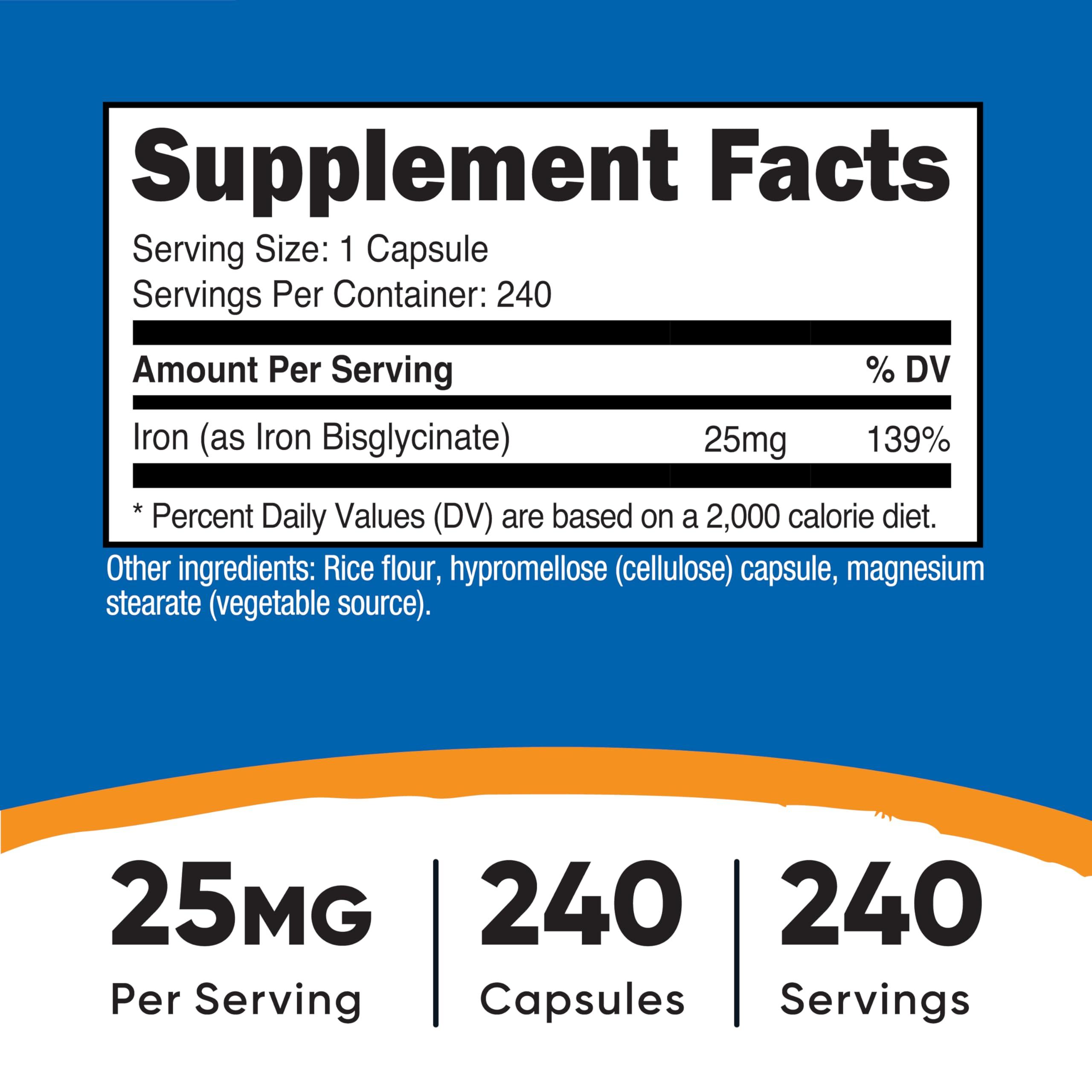 Nutricost Nutricost Iron Bisglycinate Supplement (25mg) 240 Capsules - from Ferrous Bisglycinate Chelate - Non-GMO & Gluten-Free