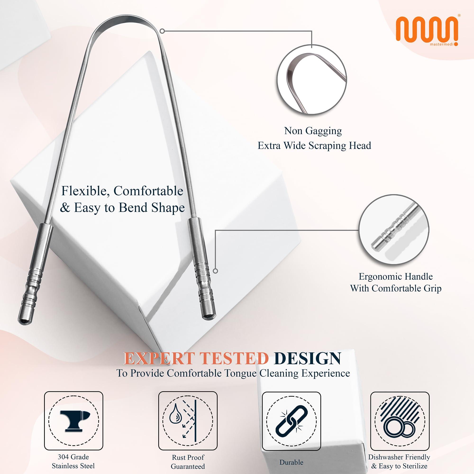 mastermedi MasterMedi Tongue Scraper with Multicolor Cases (2 Pack), 100% Stainless Steel, Reduce Bad Breath, Easy to Use Tongue Scraper for Adults, Tongue Cleaner for Oral Care & Hygiene
