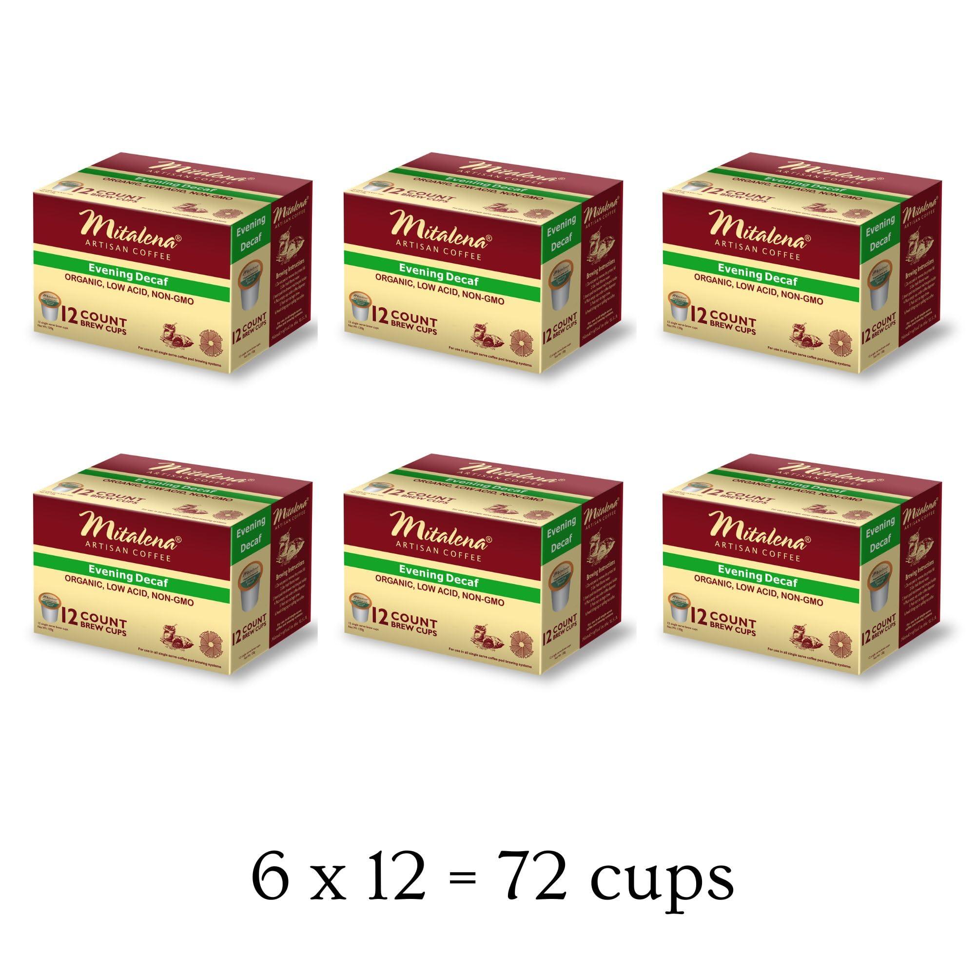Mitalena Gourmet Coffee Mitalena Artisan Coffee - Evening Decaf Organic Low Acid Coffee Pods, Water Process, Naturally Low Acid, Compatible with Keurig Coffee Maker, Chemical Free, Naturally Low Acid, 12 K Cups