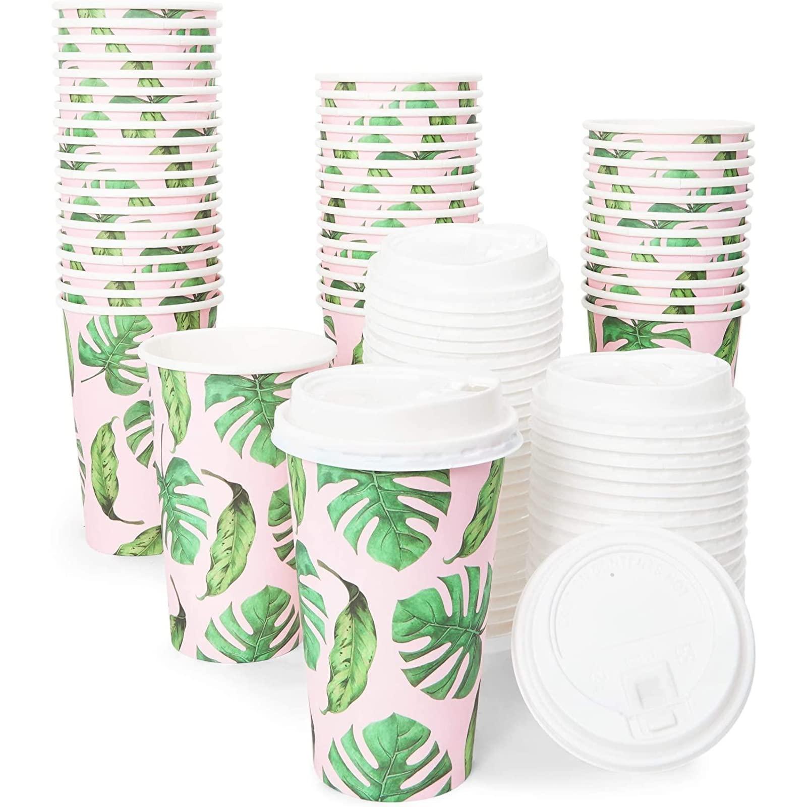 BLUE PANDA BLUE PANDA Disposable 16 oz Coffee Cups with Lids - Paper To-Go Coffee Cups for Themed Birthday Party, Wedding, Baby Shower - 48-Pack Tropical Design