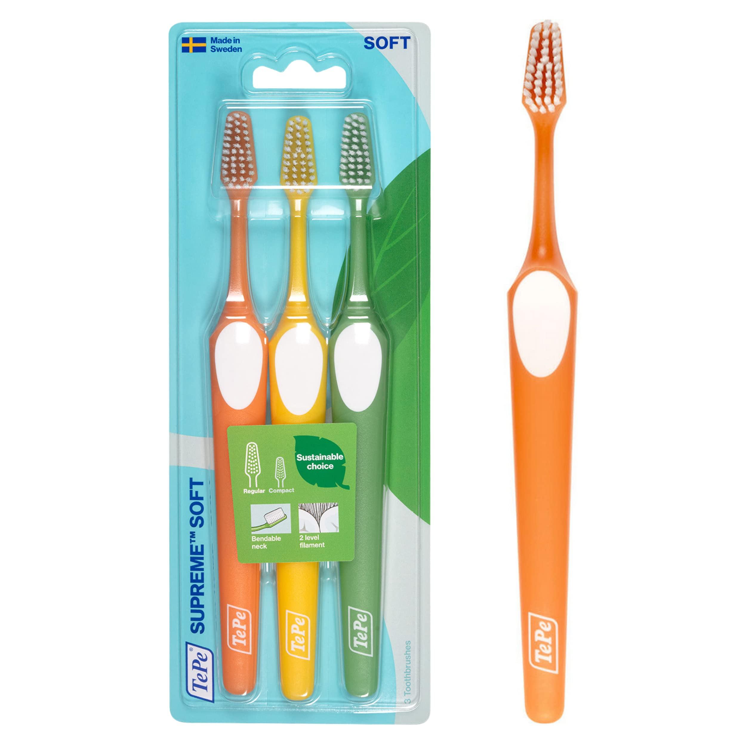 TEPE TEPE Supreme Toothbrush, Soft Bristle Toothbrush, Tapered Brush Head for Sensitive Teeth and Gum Care, Adult, 3 Pack