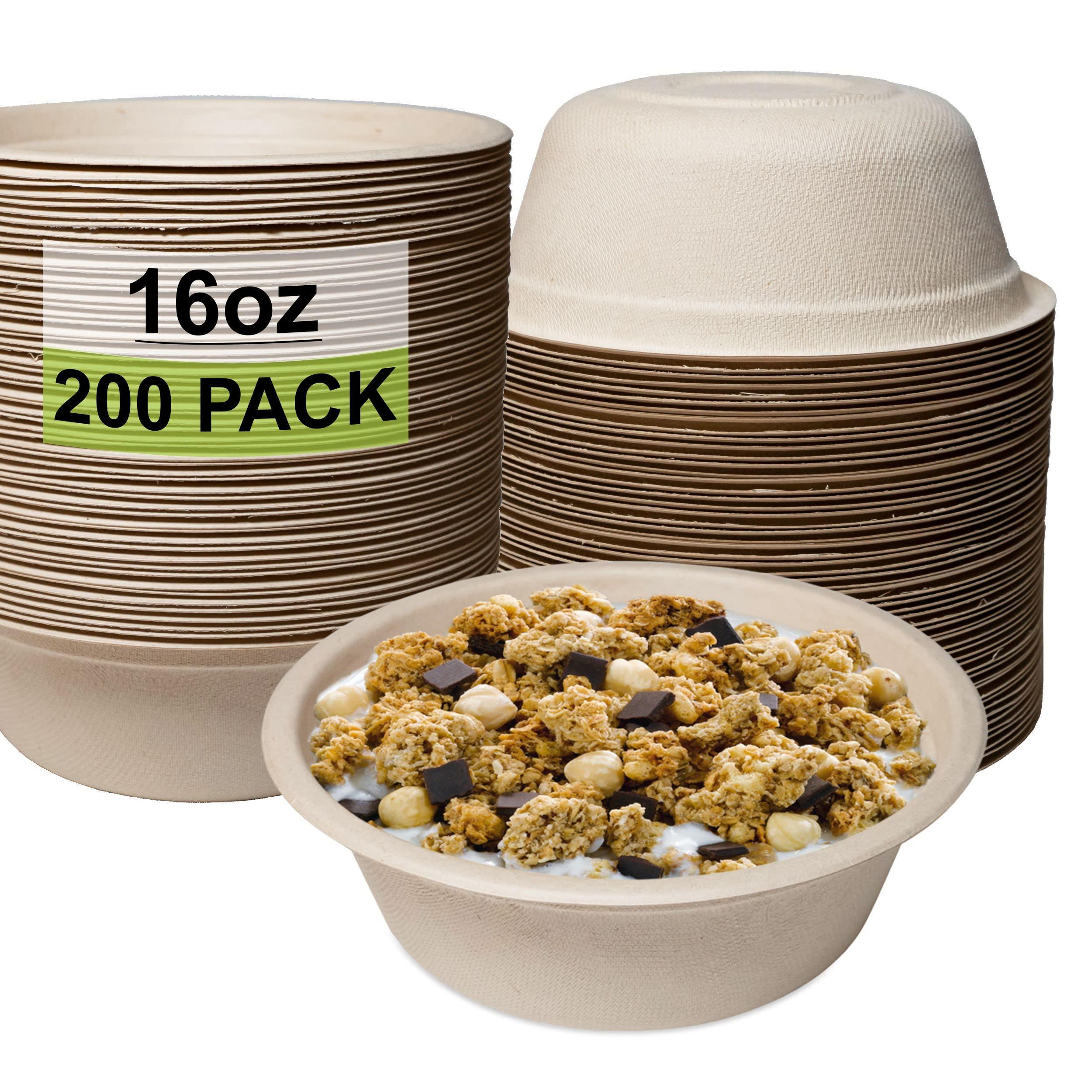 EcoQuality [200 Pack] 16 oz Compostable Paper Bowls Heavy-Duty Disposable Bowls, Eco-Friendly Natural Bagasse Unbleached, Hot or Cold Use, 100% Biodegradable Soup Bowls Sugarcane