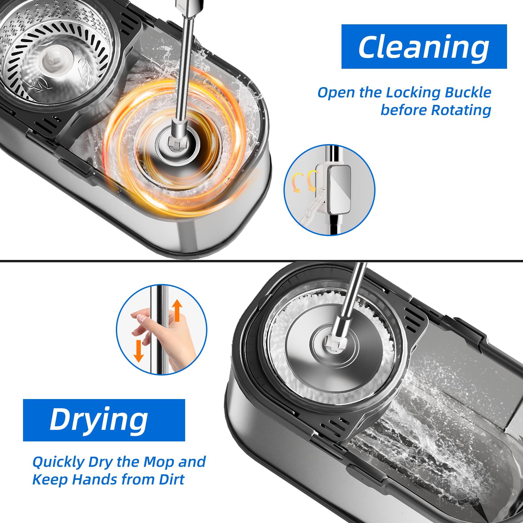 SWIFTIRON SWIFTIRON Spin Mop and Bucket Set for Cleaning with 4 Extra Refills Microfiber Heads, Mops for Floor Cleaning with Wringer, Silver Stainless Steel Mop and Mop Bucket