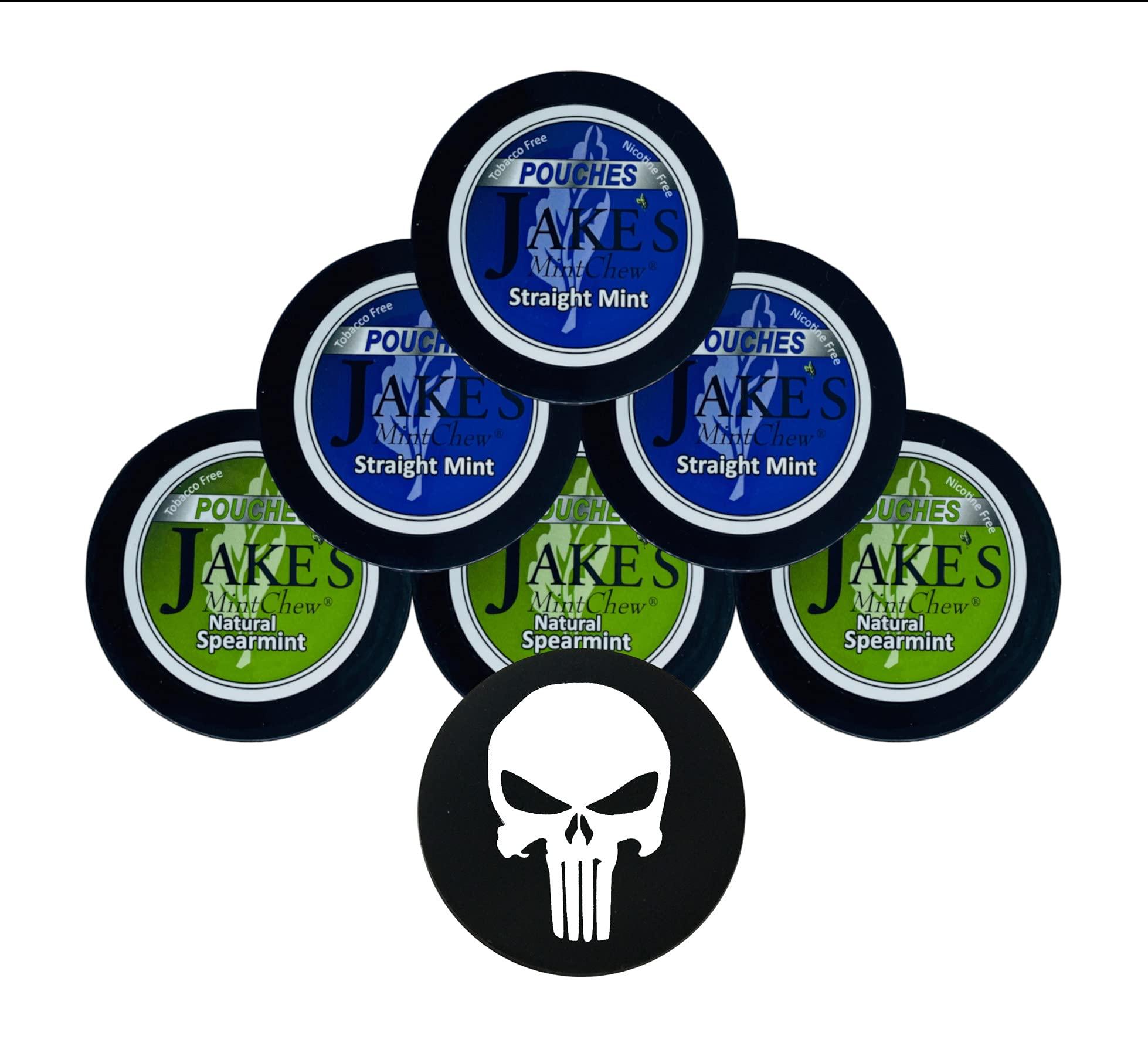 Jakes Mint Chew Jake's Mint Chew- Straight Mint & Spearmint Pouches - 6 Can Sampler Pack - Includes DC Skin Can Cover - Skull